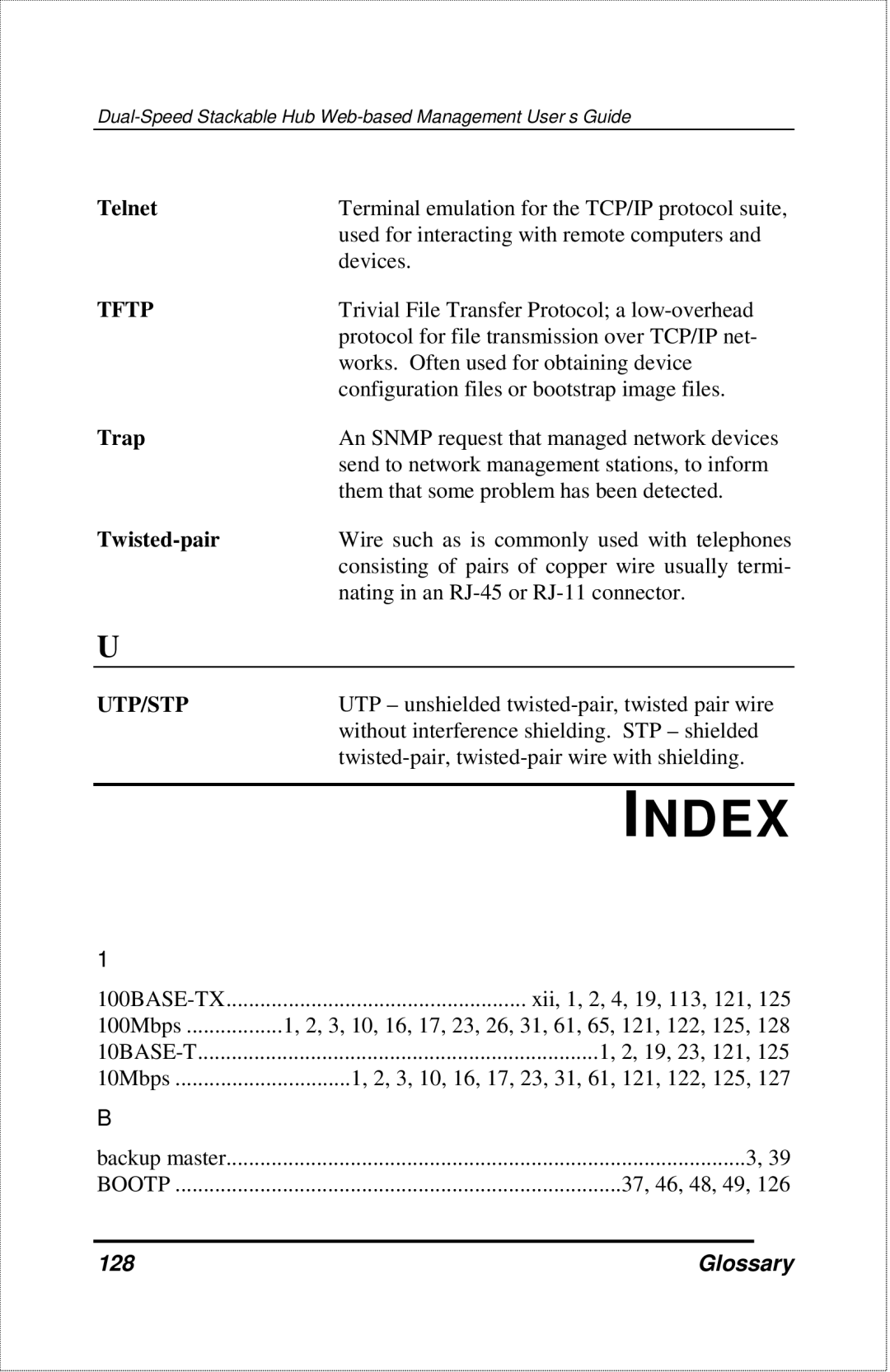 D-Link DFE-2600 manual Telnet, Trap, Twisted-pair, Glossary 