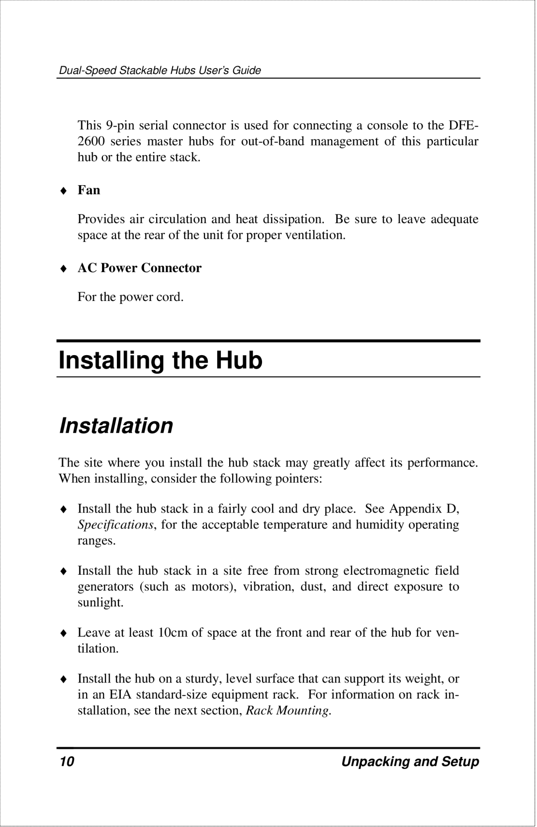 D-Link DFE-2600 manual Installing the Hub, Installation, Fan, AC Power Connector For the power cord 