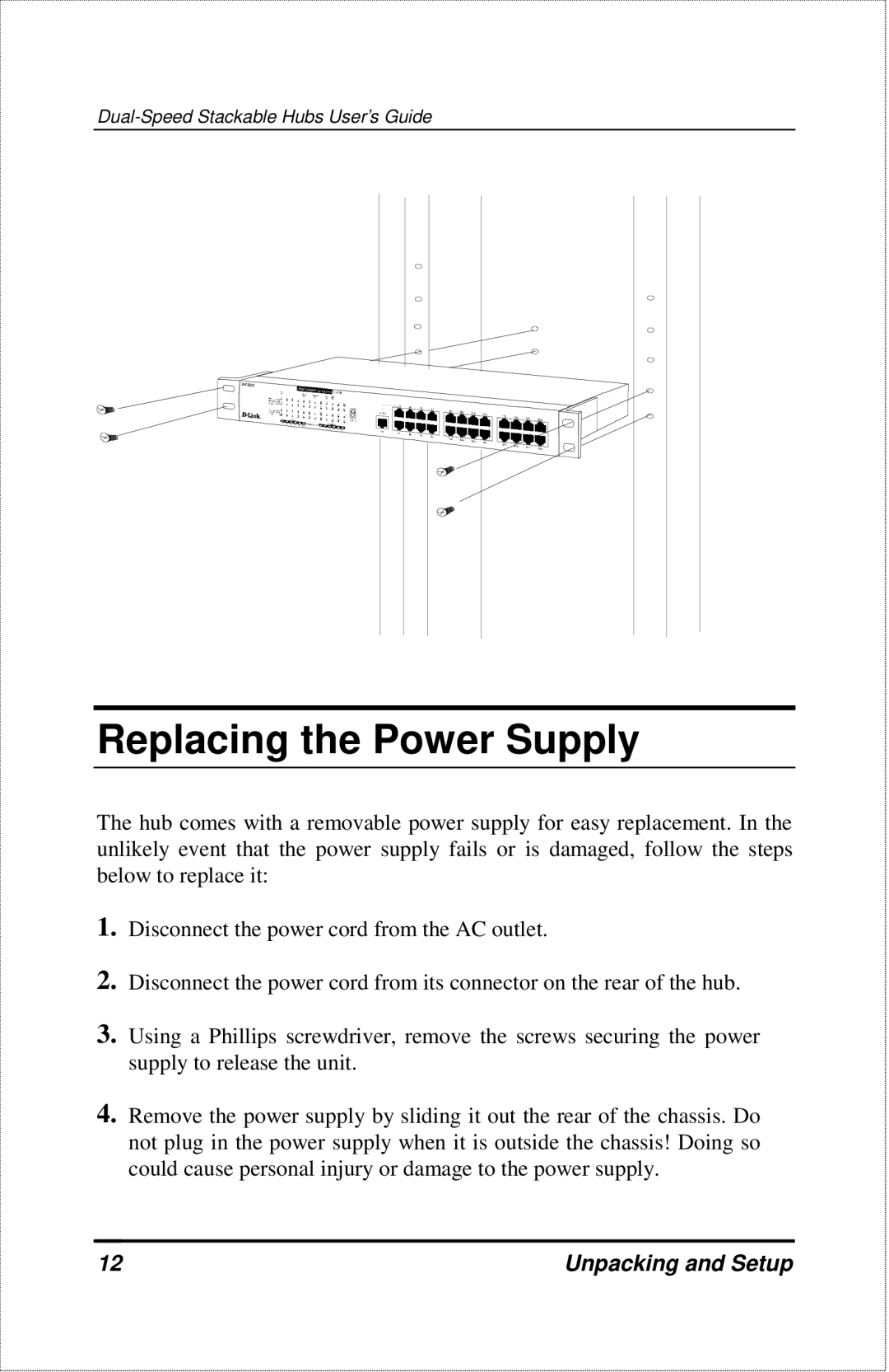 D-Link DFE-2600 manual Replacing the Power Supply 