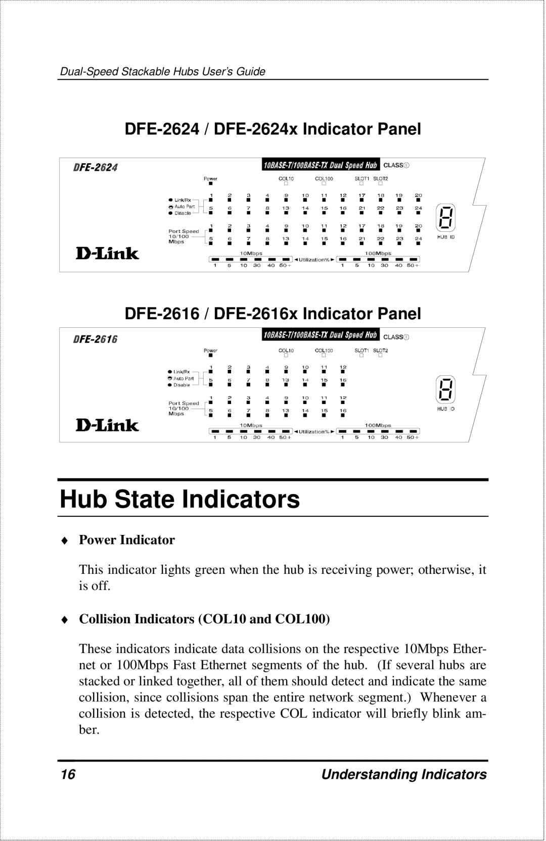 D-Link DFE-2600 manual Hub State Indicators, Power Indicator, Collision Indicators COL10 and COL100 