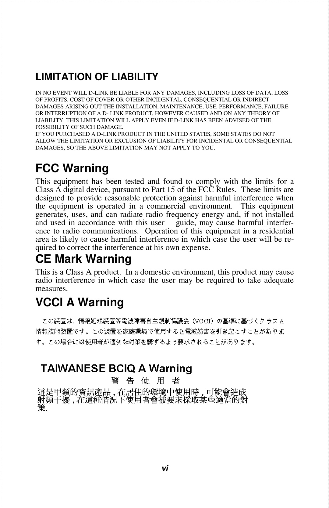 D-Link DFE-2600 manual Vcci a Warning 