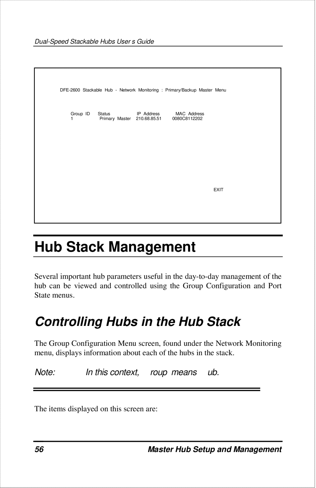 D-Link DFE-2600 manual Hub Stack Management, Controlling Hubs in the Hub Stack 