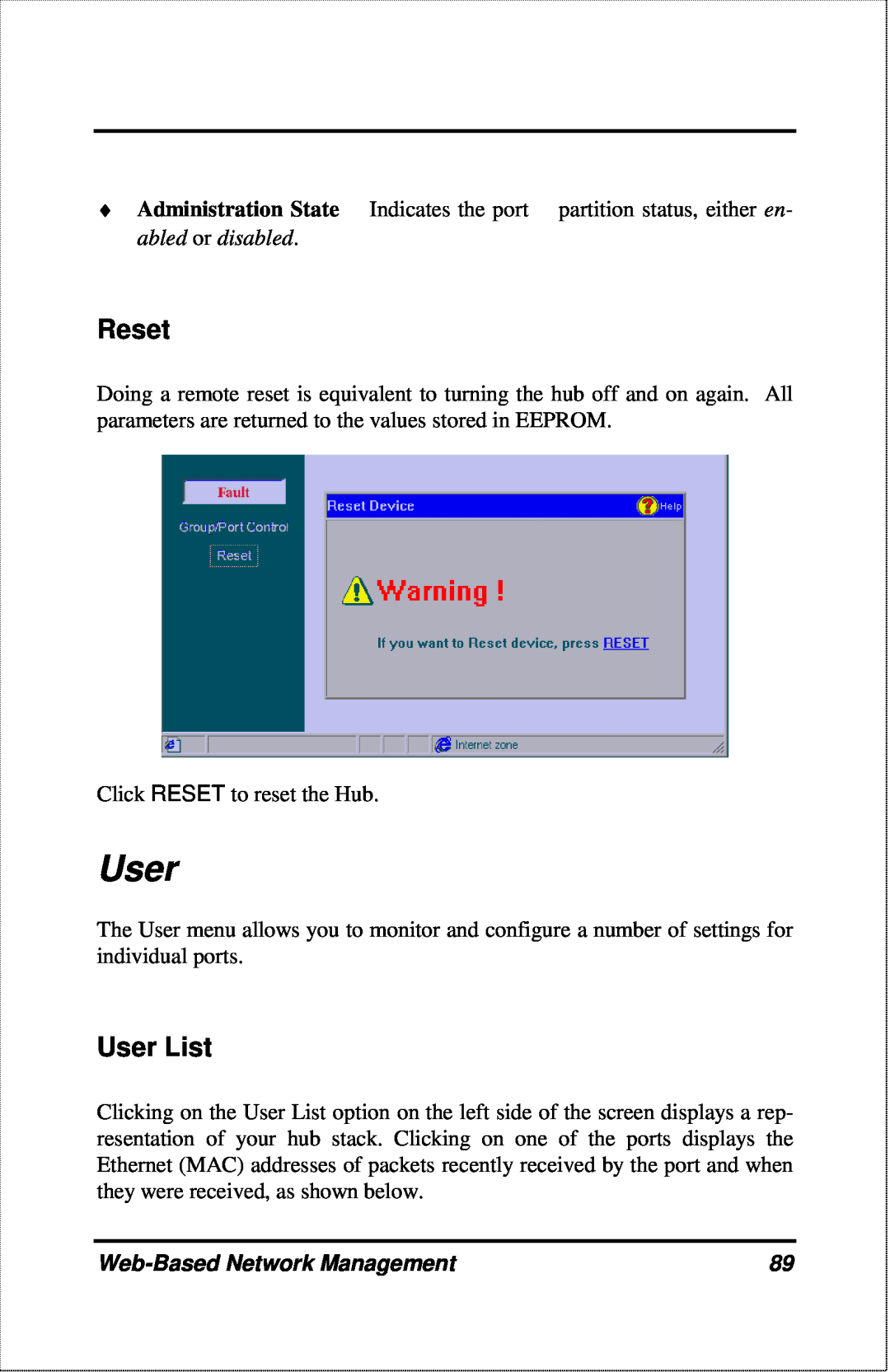 D-Link DFE-2600 manual Reset, User List, Web-Based Network Management 