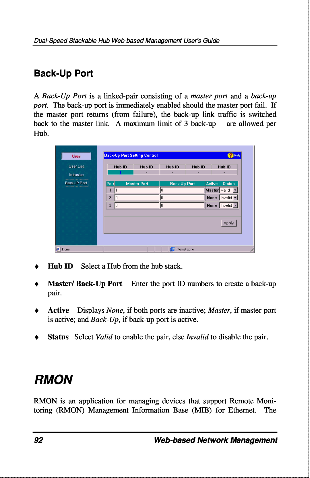 D-Link DFE-2600 manual Rmon, Back-Up Port, Web-based Network Management 