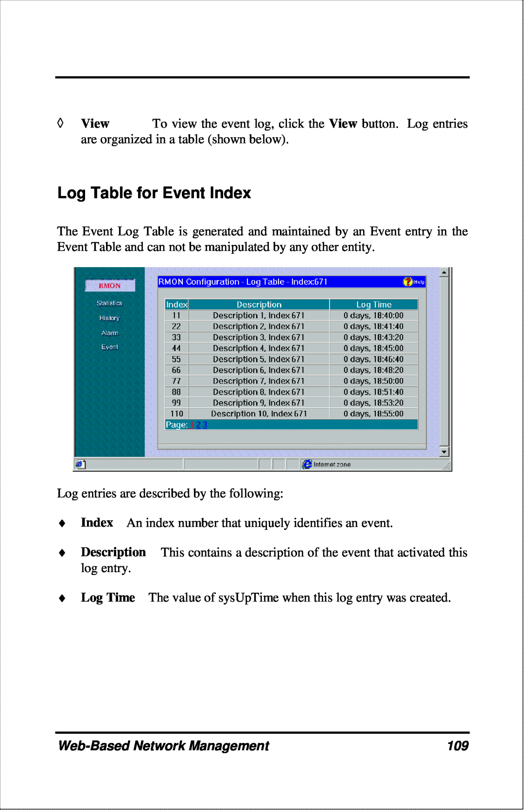 D-Link DFE-2600 manual Log Table for Event Index, Web-Based Network Management 