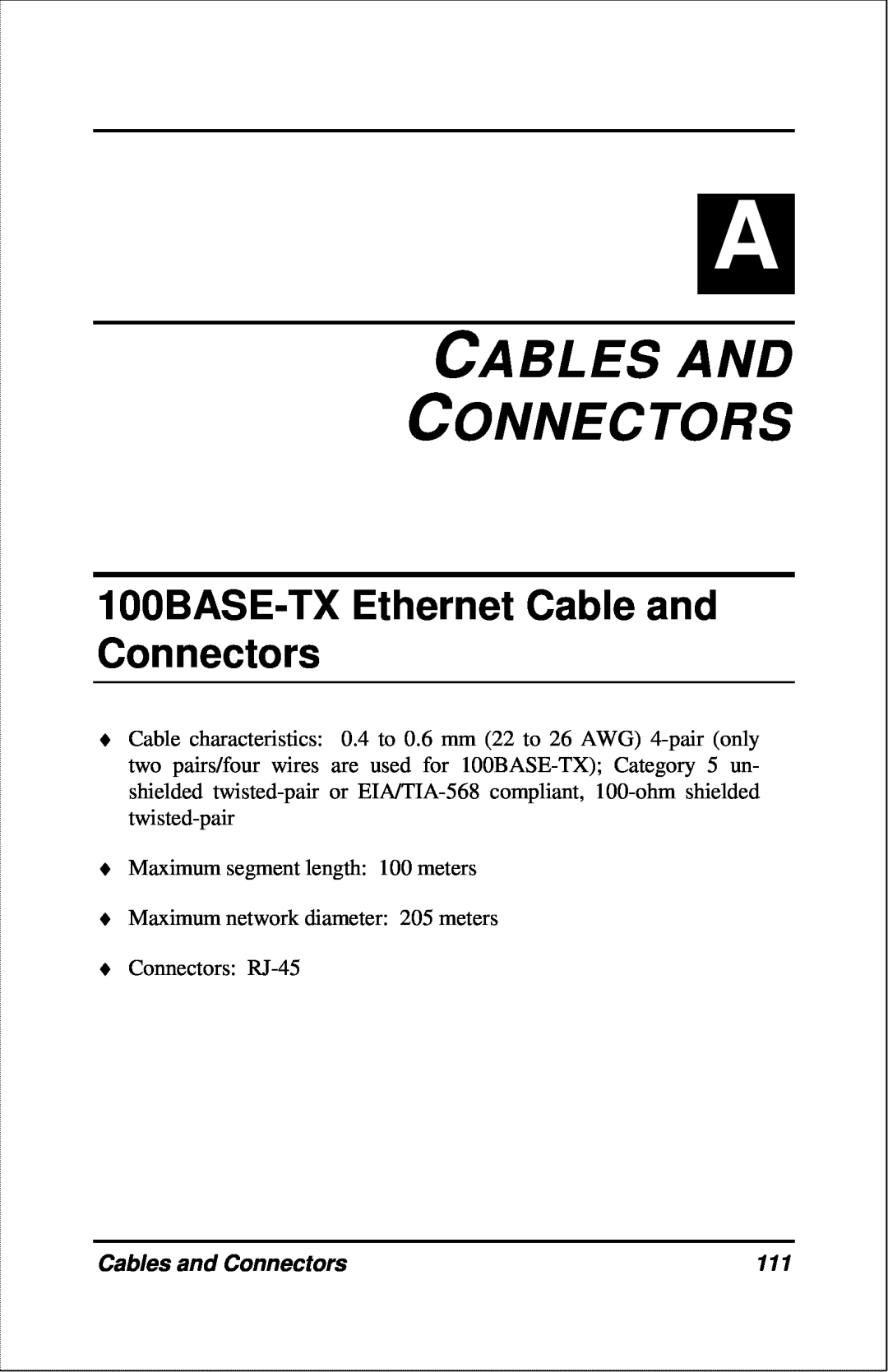 D-Link DFE-2600 manual Cables And Connectors, 100BASE-TX Ethernet Cable and Connectors, Cables and Connectors 