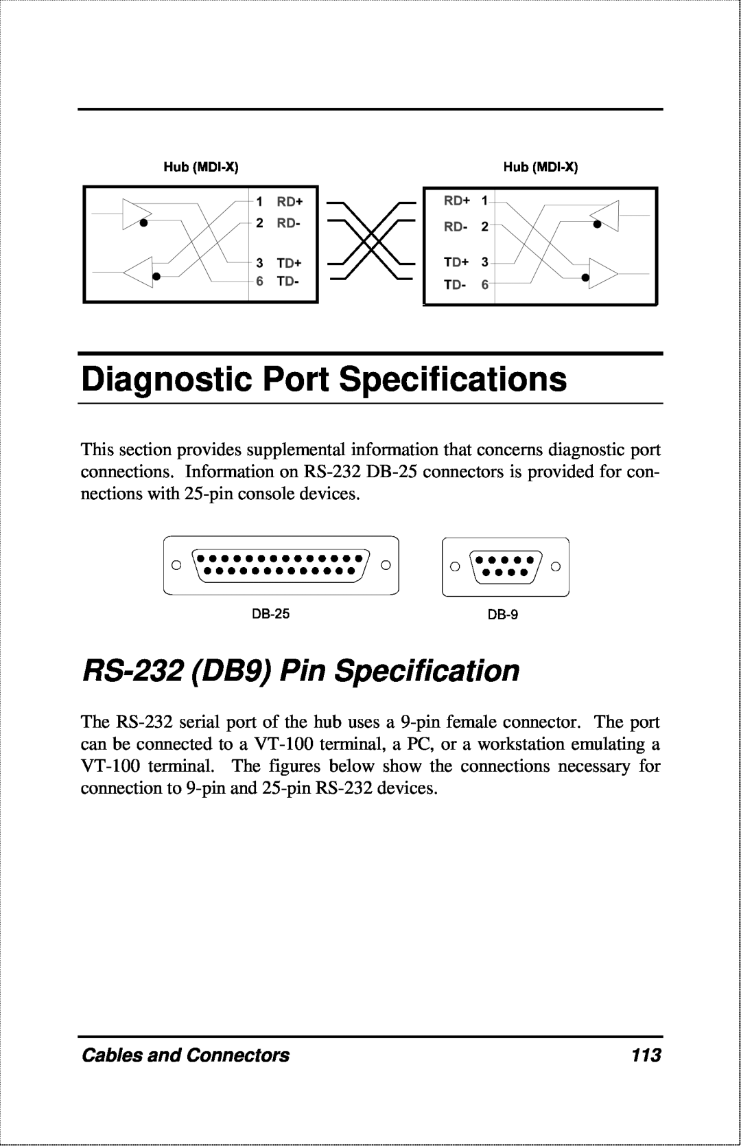 D-Link DFE-2600 manual Diagnostic Port Specifications, RS-232 DB9 Pin Specification, Cables and Connectors 