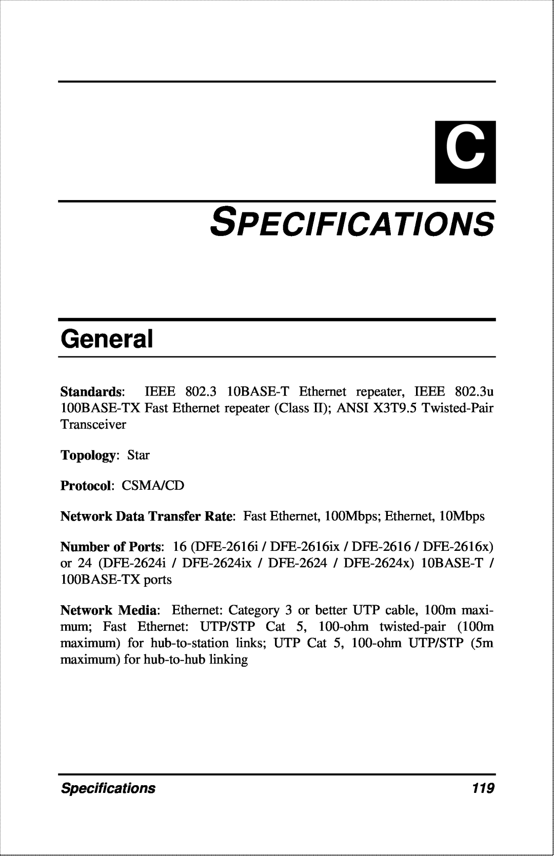 D-Link DFE-2600 manual Specifications, General, Topology Star 