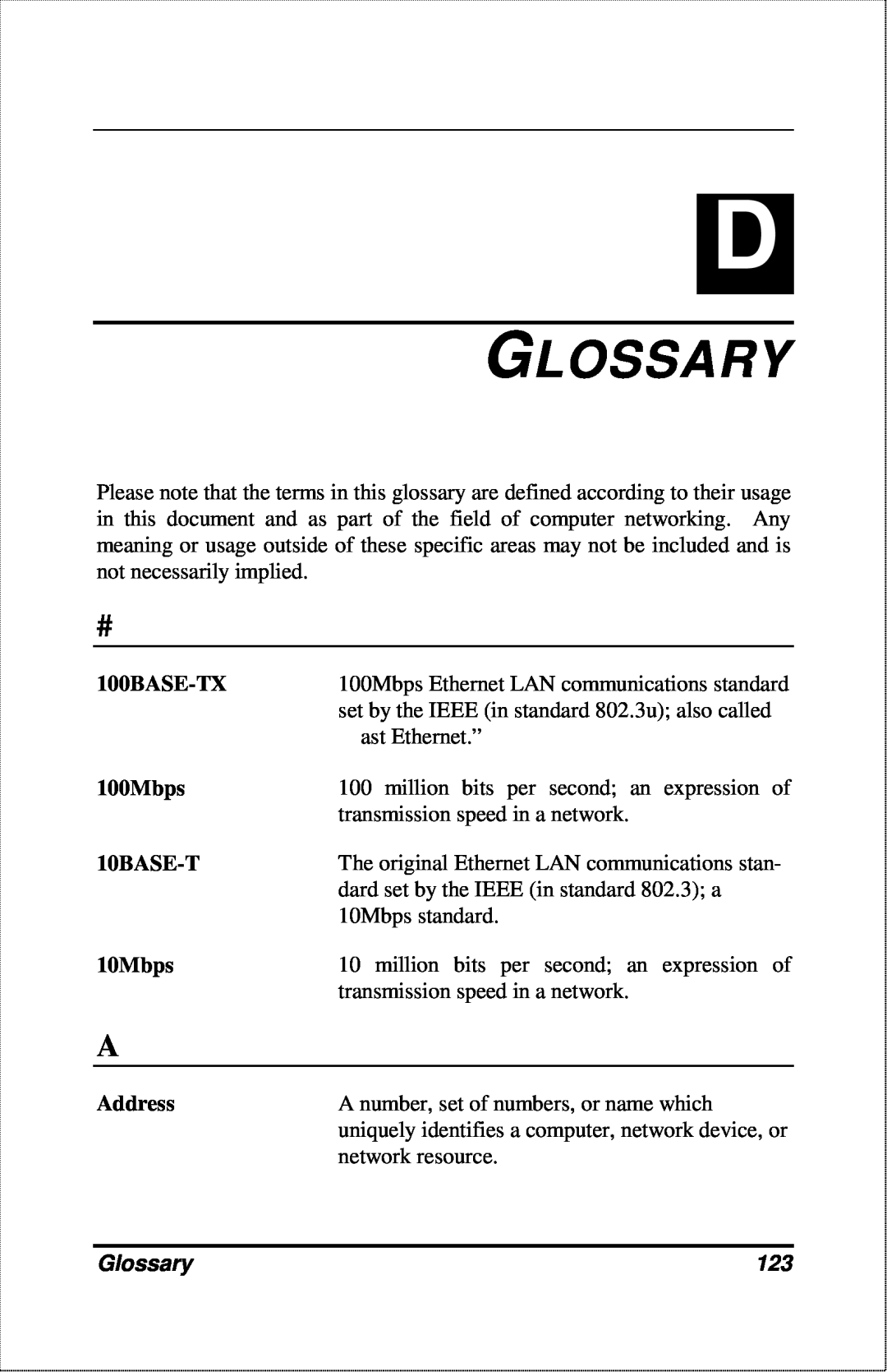 D-Link DFE-2600 manual Glossary, 100BASE-TX, 100Mbps, 10BASE-T, 10Mbps, Address 