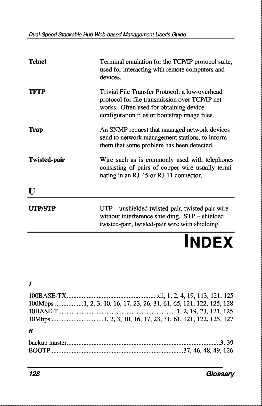 D-Link DFE-2600 manual Index, Telnet, Tftp, Trap, Twisted-pair, Utp/Stp, Glossary 