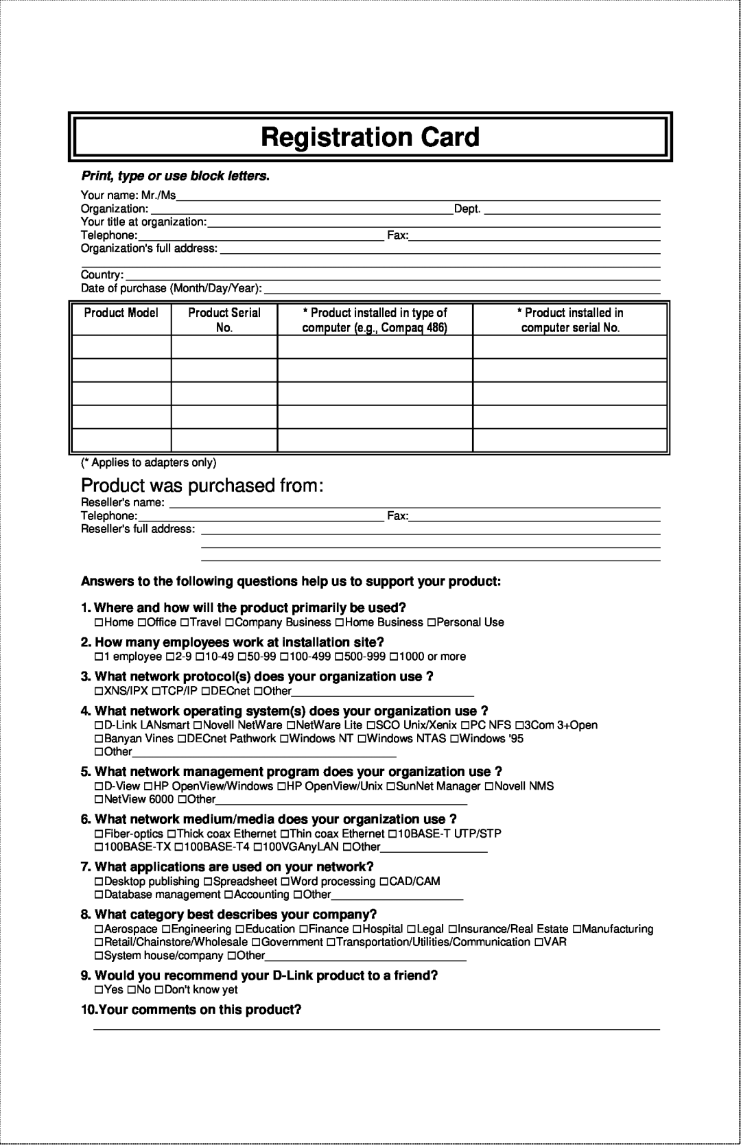 D-Link DFE-2600 manual Registration Card, Product was purchased from, Print, type or use block letters 