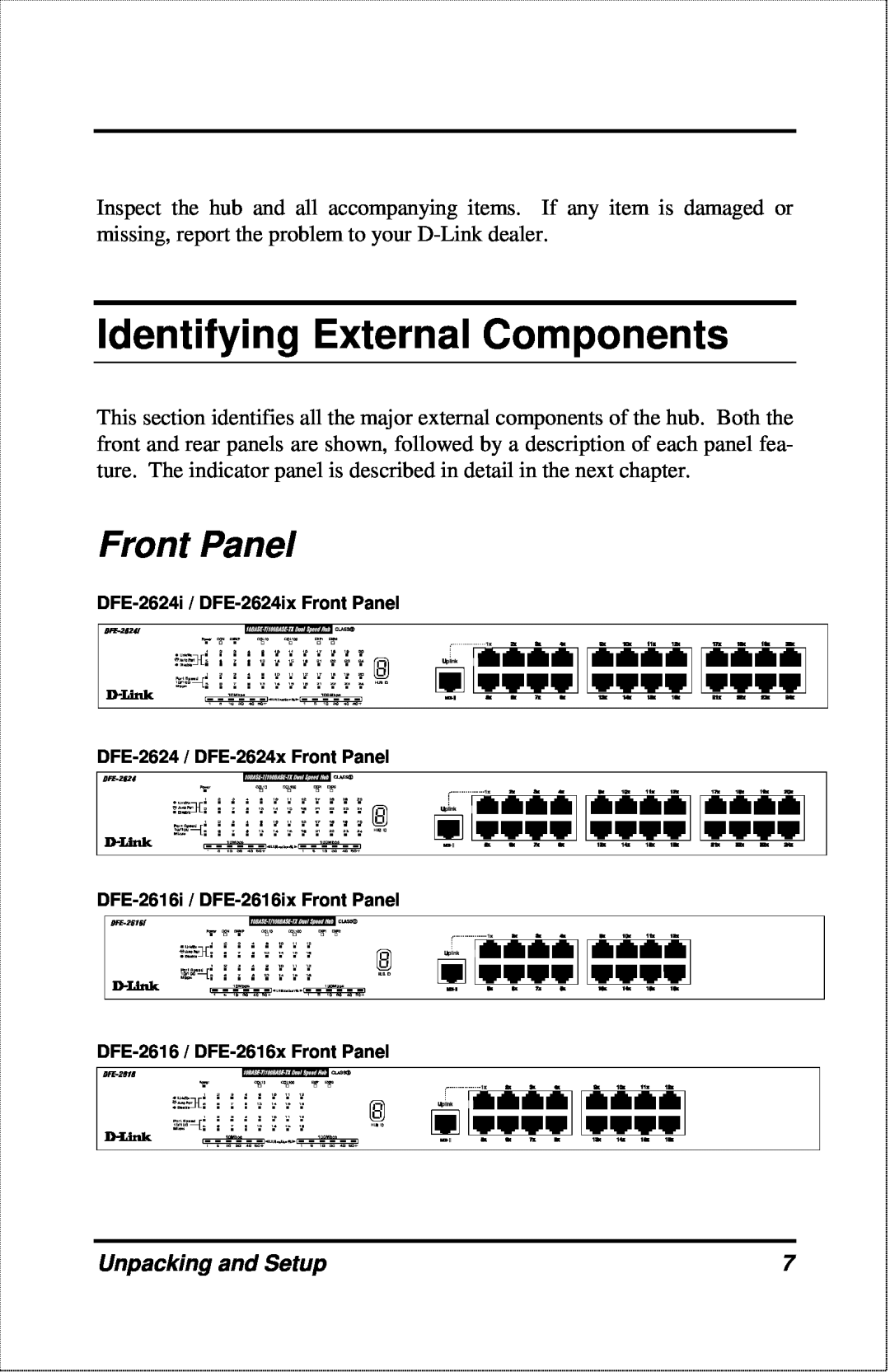 D-Link DFE-2600 manual Identifying External Components, Front Panel, Unpacking and Setup 