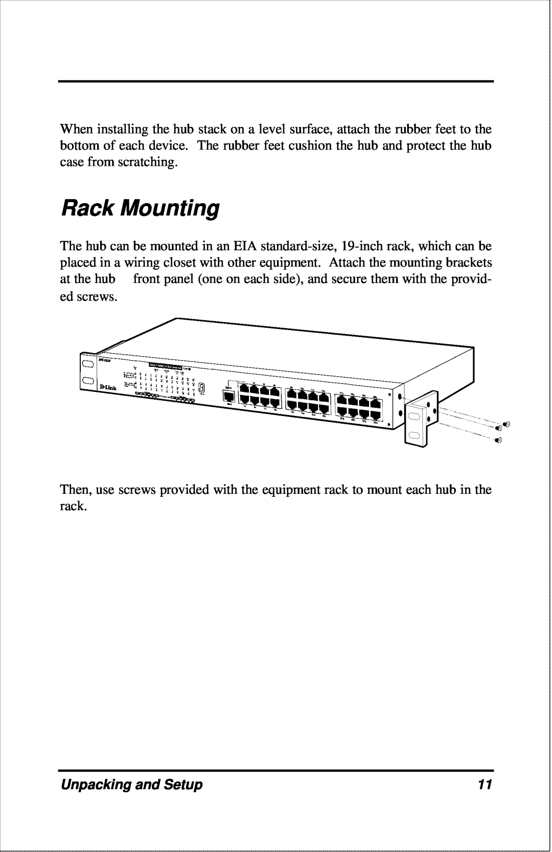D-Link DFE-2600 manual Rack Mounting, Unpacking and Setup 