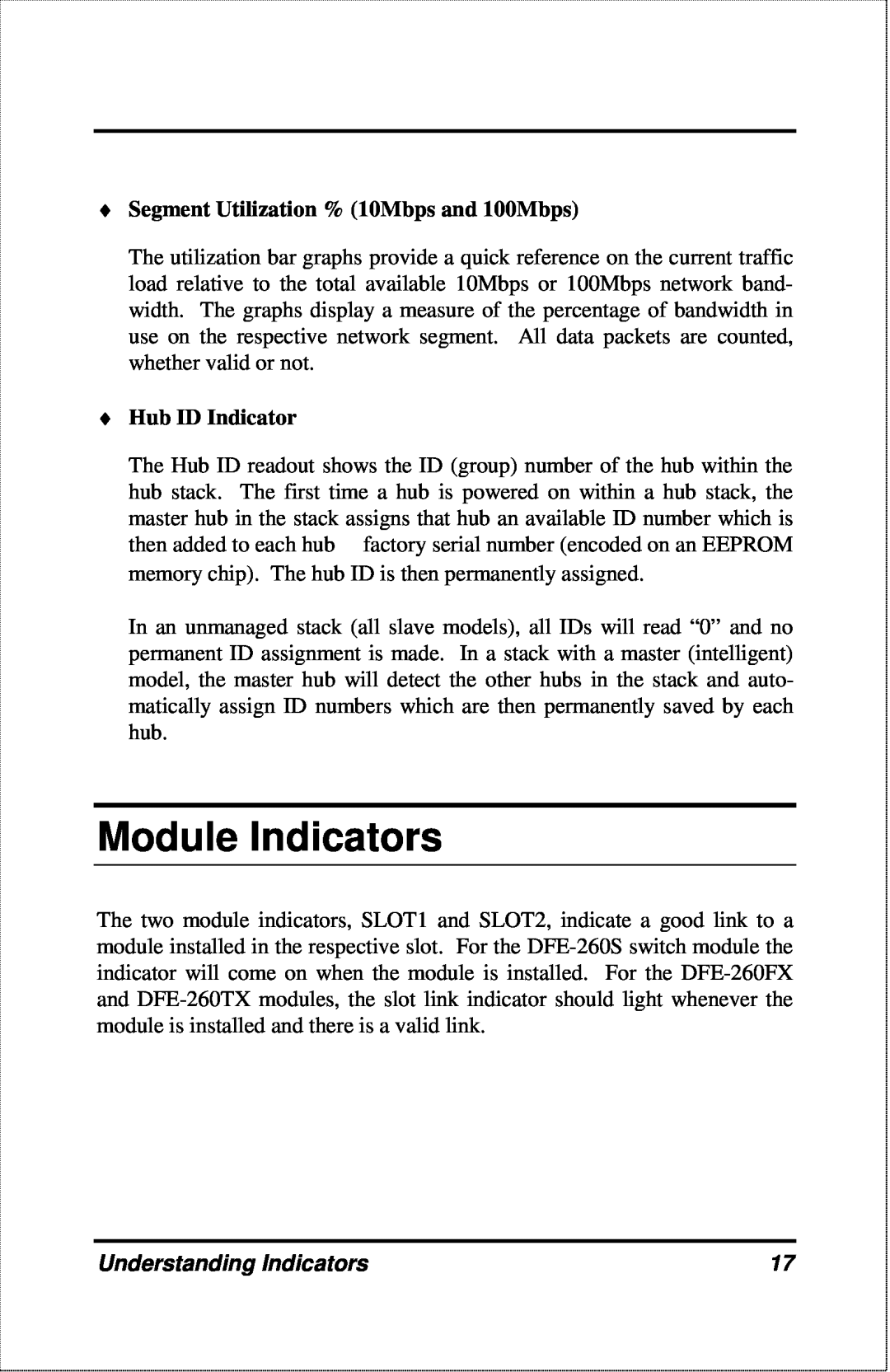 D-Link DFE-2600 Module Indicators, Segment Utilization % 10Mbps and 100Mbps, Hub ID Indicator, Understanding Indicators 
