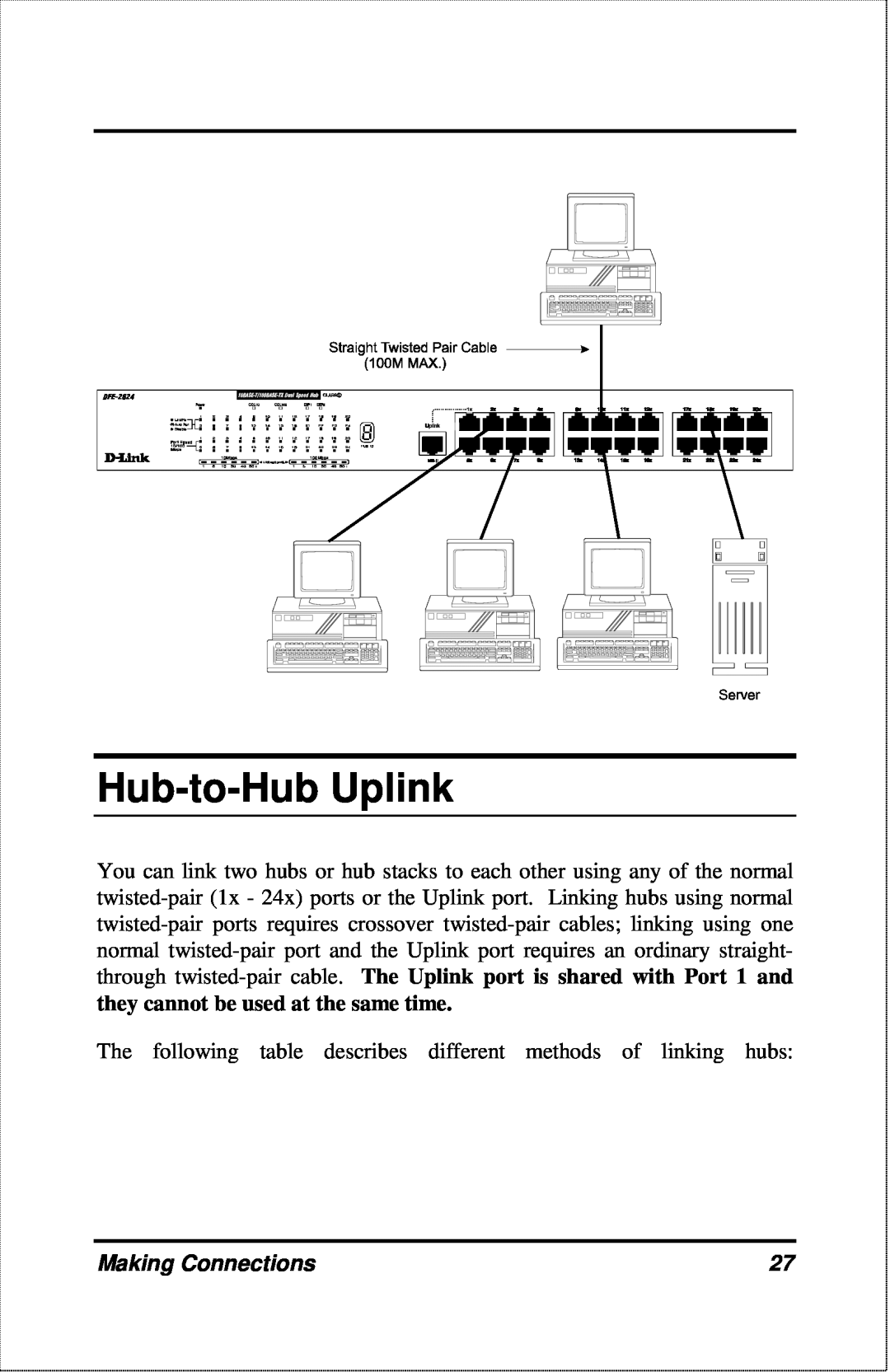D-Link DFE-2600 manual Hub-to-Hub Uplink, they cannot be used at the same time, Making Connections 