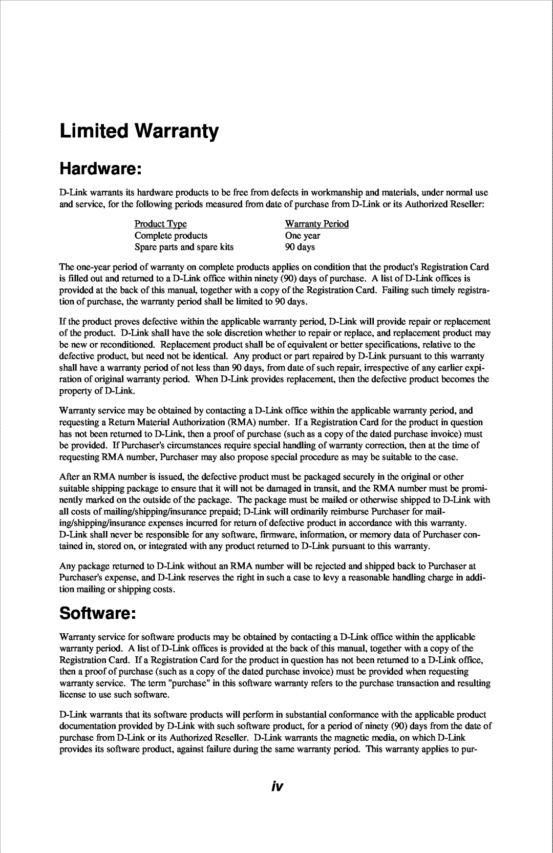 D-Link DFE-2600 manual Limited Warranty, Hardware, Software 