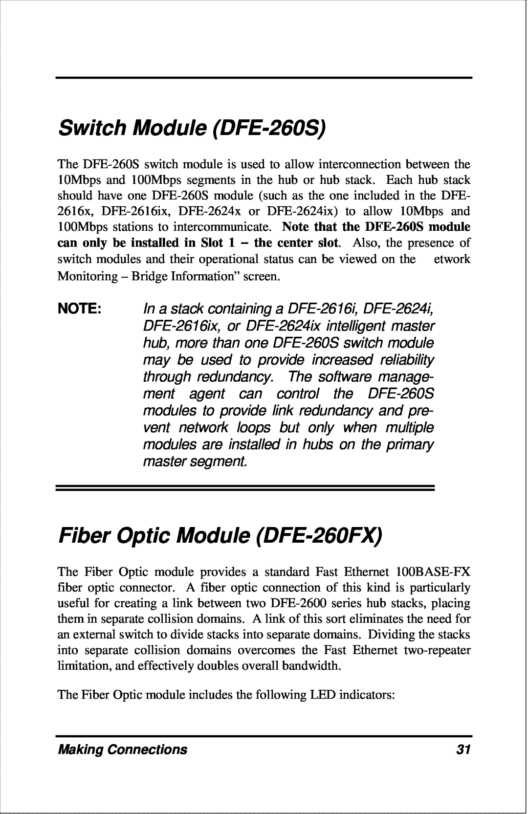 D-Link DFE-2600 manual Switch Module DFE-260S, Fiber Optic Module DFE-260FX, Making Connections 