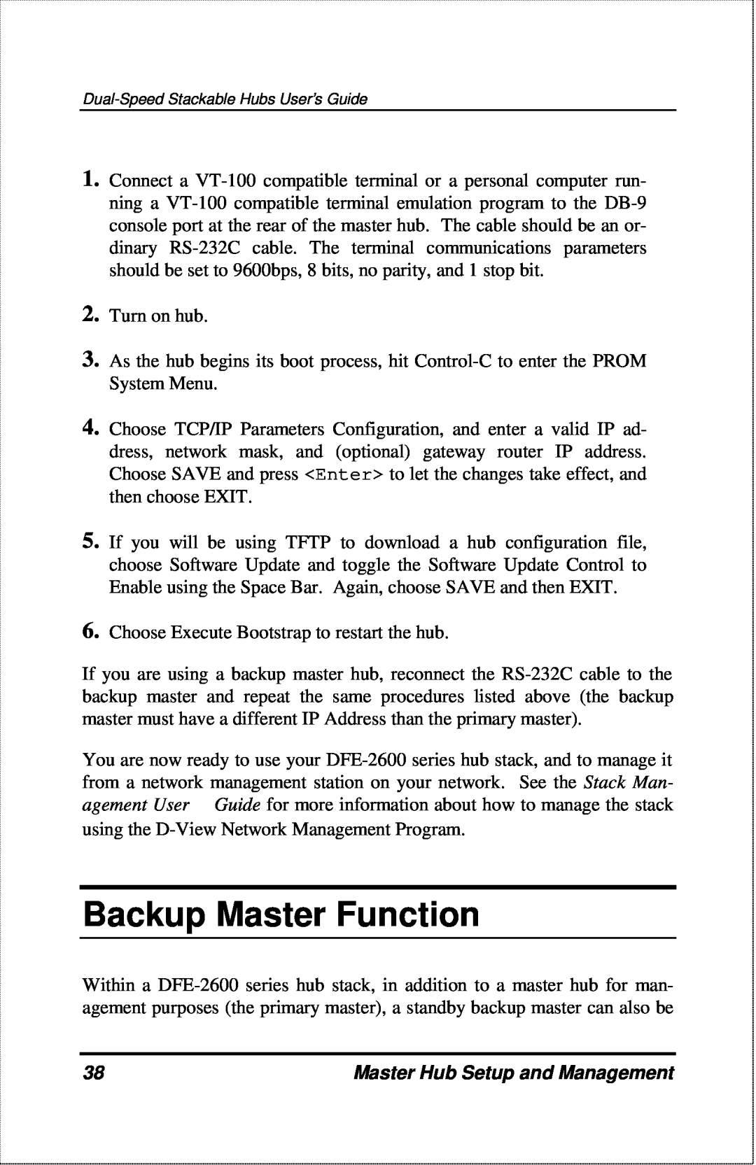 D-Link DFE-2600 manual Backup Master Function, Master Hub Setup and Management 