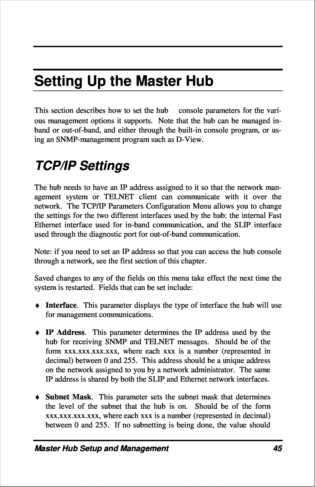 D-Link DFE-2600 manual Setting Up the Master Hub, TCP/IP Settings, Master Hub Setup and Management 