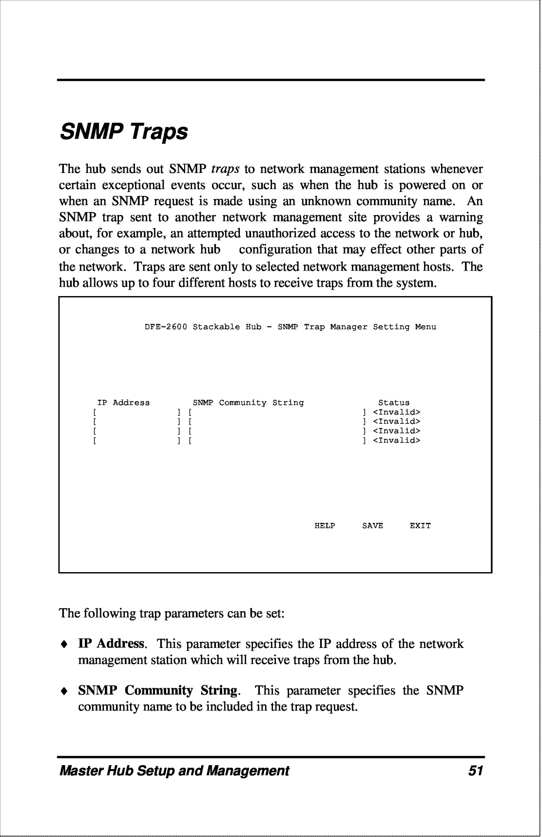 D-Link DFE-2600 manual SNMP Traps, Master Hub Setup and Management 
