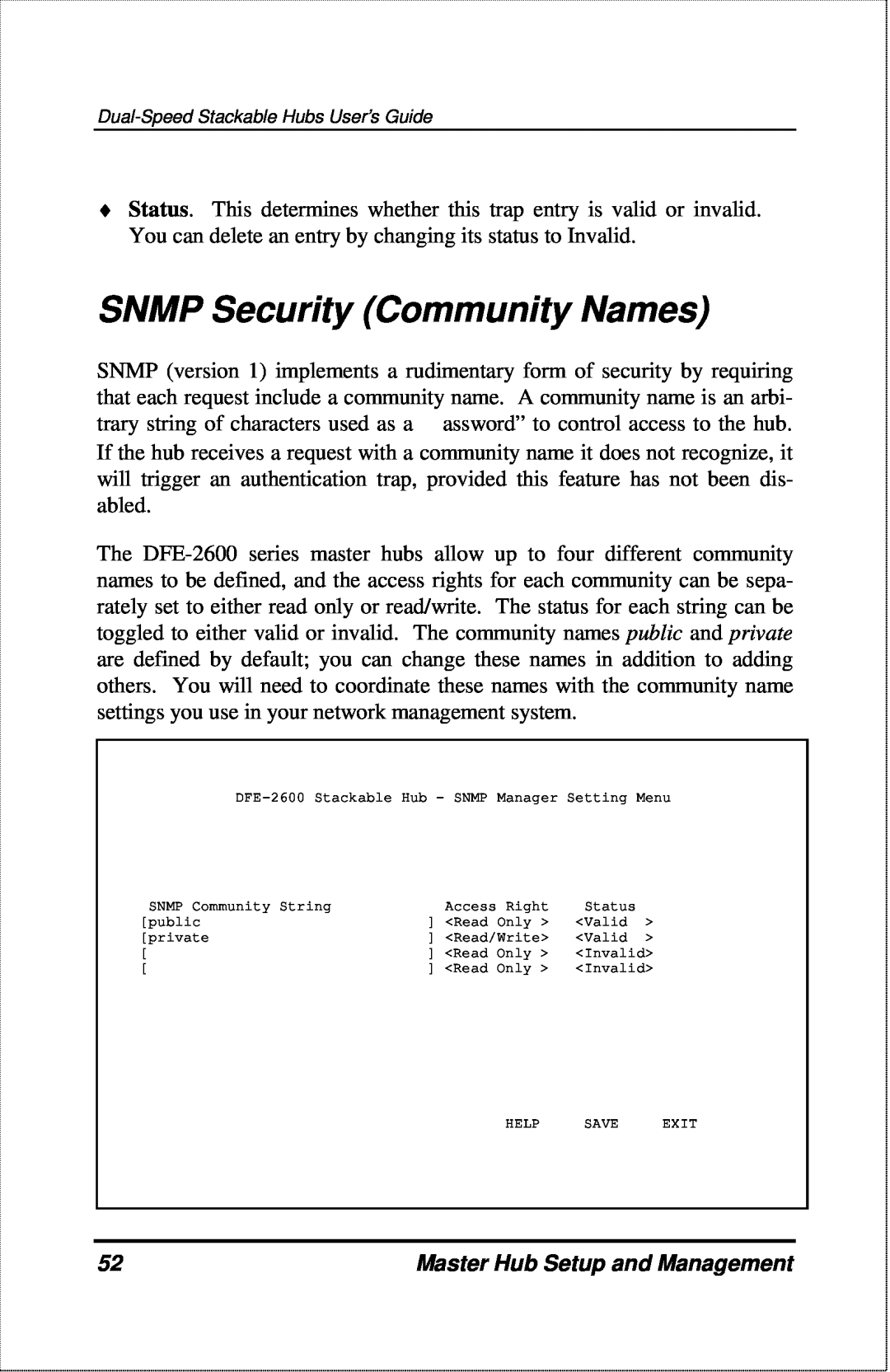 D-Link DFE-2600 manual SNMP Security Community Names, Master Hub Setup and Management 