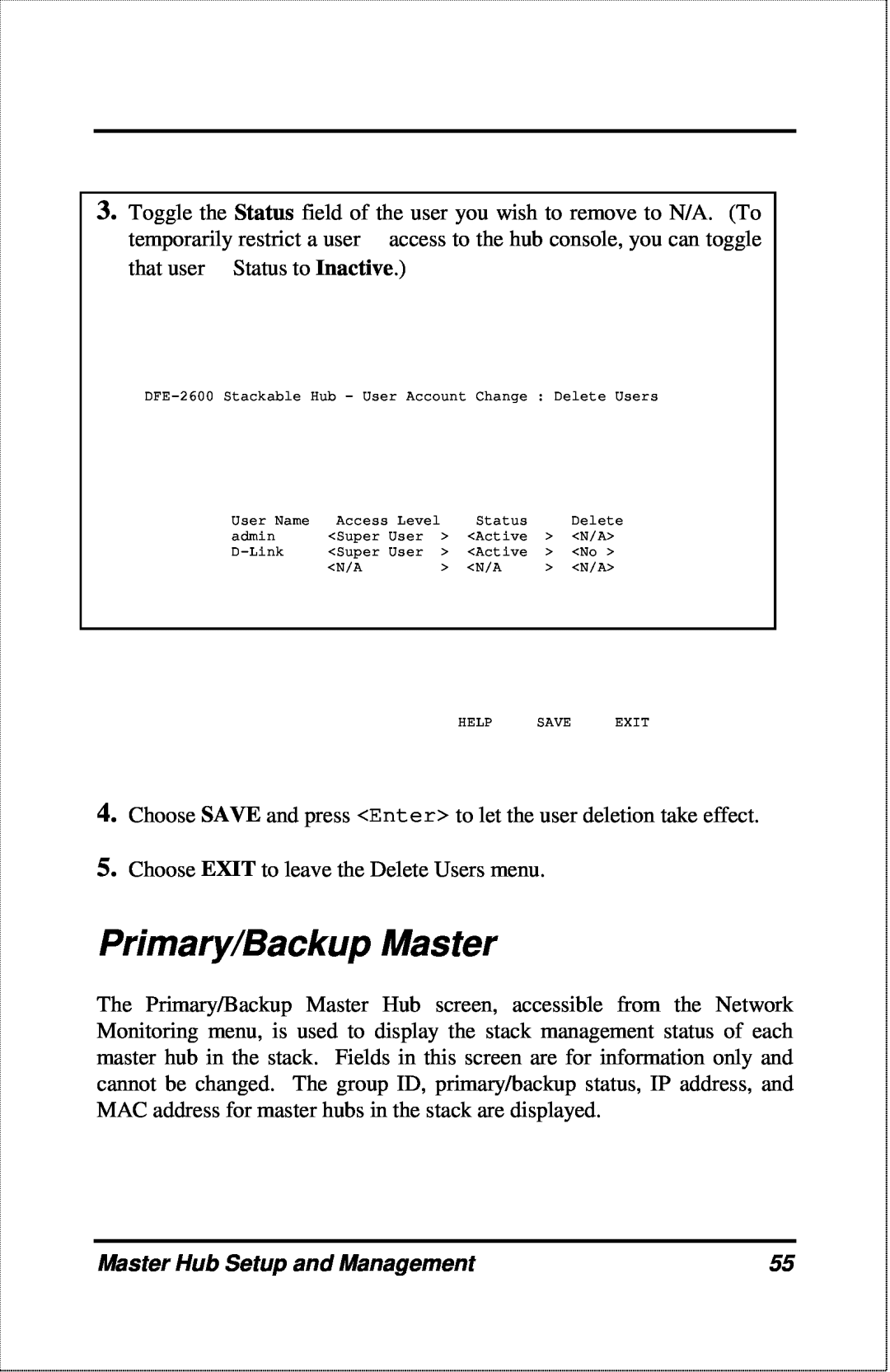 D-Link DFE-2600 manual Primary/Backup Master, Master Hub Setup and Management 