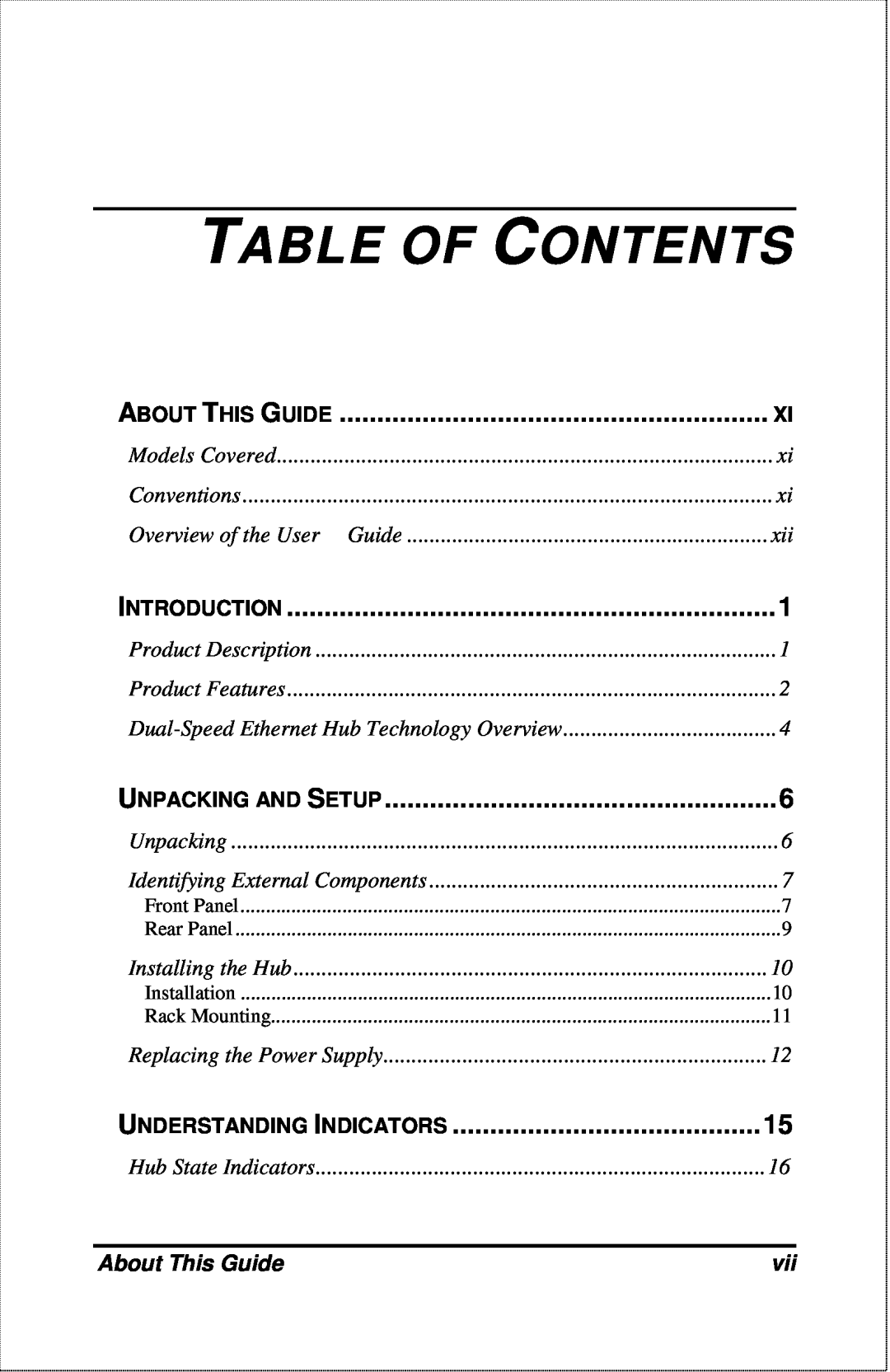 D-Link DFE-2600 manual Table Of Contents, About This Guide, Introduction, Unpacking And Setup, Understanding Indicators 