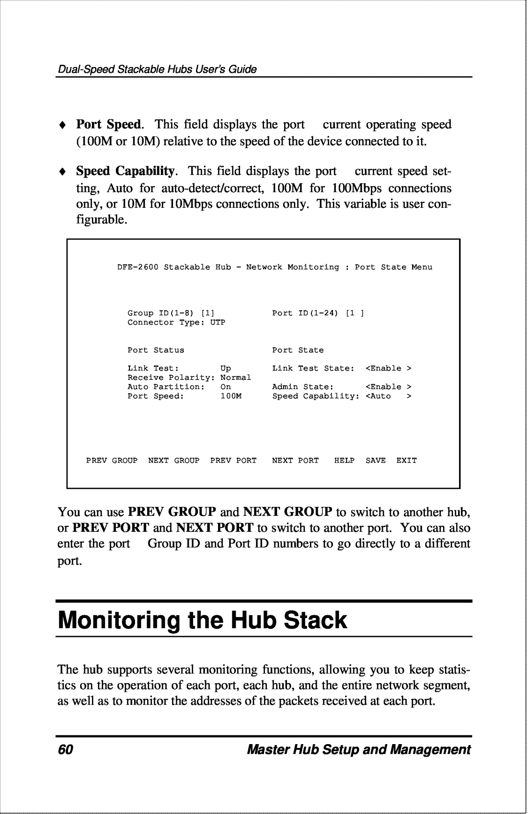 D-Link DFE-2600 manual Monitoring the Hub Stack, Master Hub Setup and Management 