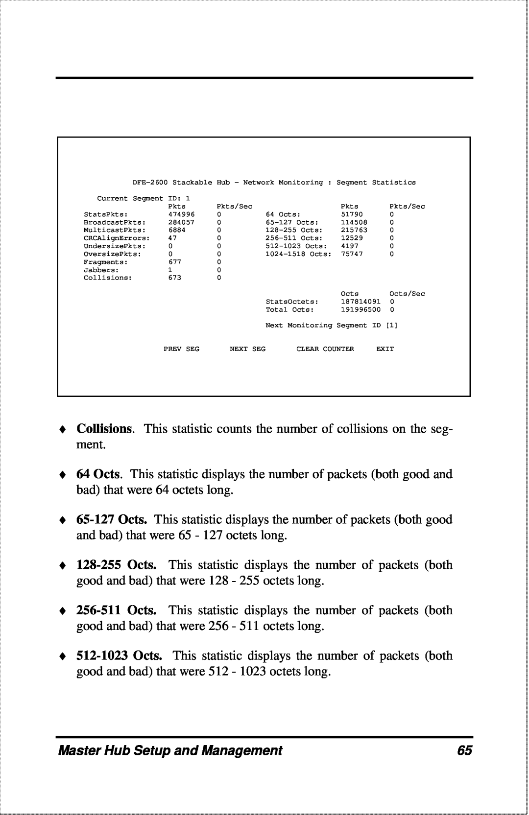 D-Link DFE-2600 manual Collisions. This statistic counts the number of collisions on the seg- ment 