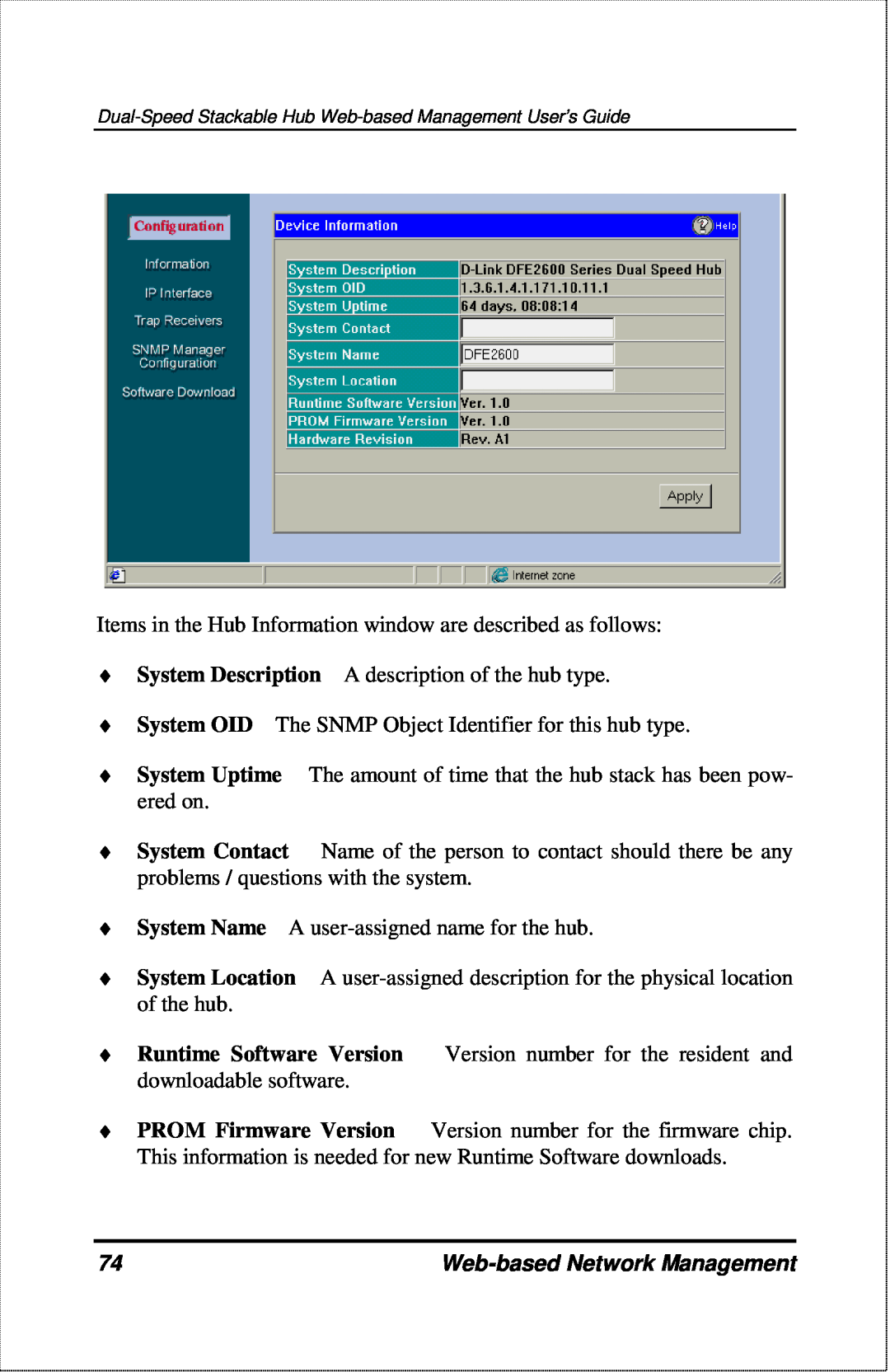 D-Link DFE-2600 manual Items in the Hub Information window are described as follows, Web-based Network Management 