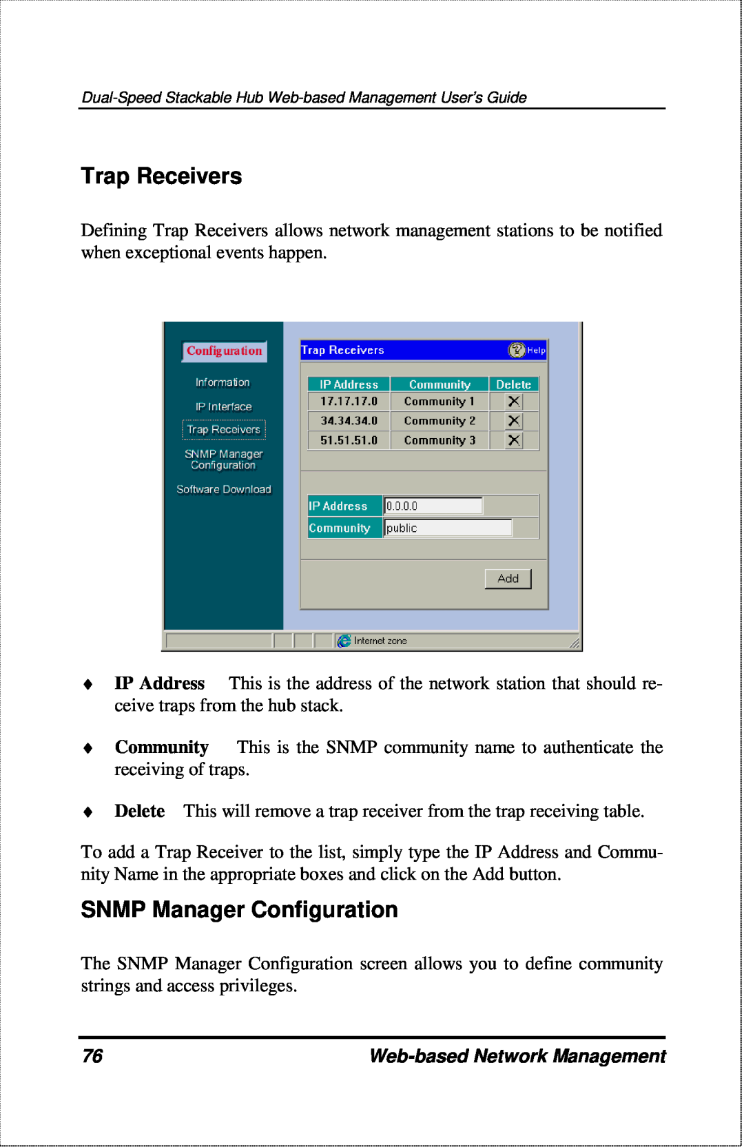 D-Link DFE-2600 manual Trap Receivers, SNMP Manager Configuration, Web-based Network Management 