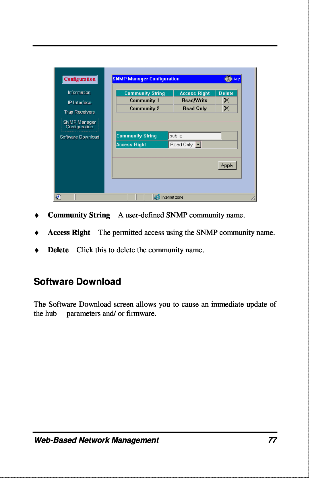 D-Link DFE-2600 manual Software Download, Community String A user-defined SNMP community name, Web-Based Network Management 