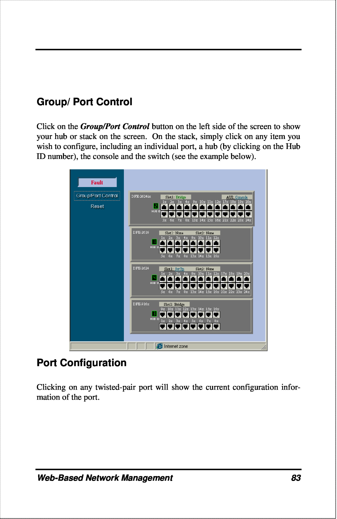 D-Link DFE-2600 manual Group/ Port Control, Port Configuration, Web-Based Network Management 