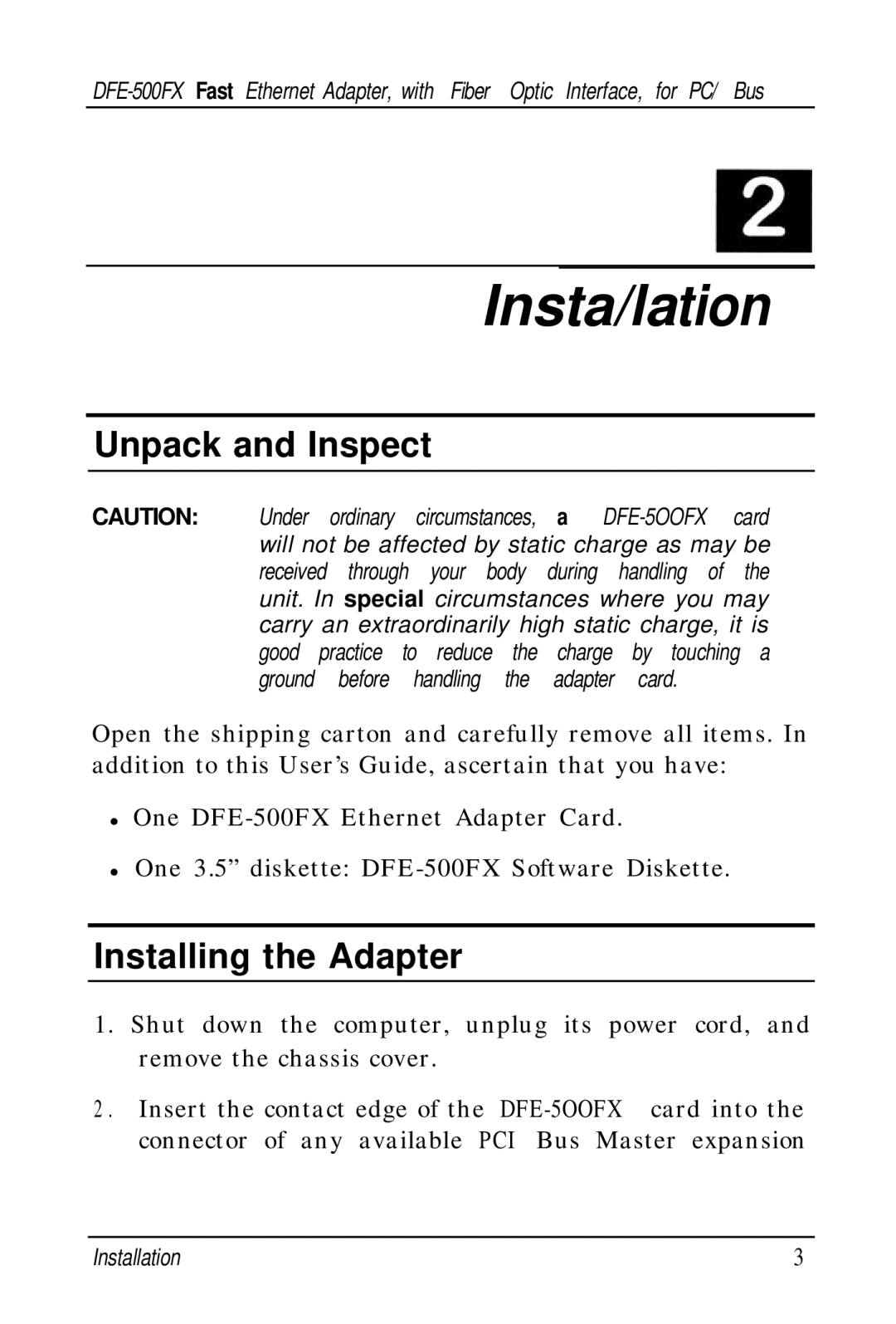 D-Link DFE-500FX manual Insta/lation, Unpack and Inspect, Installing the Adapter 