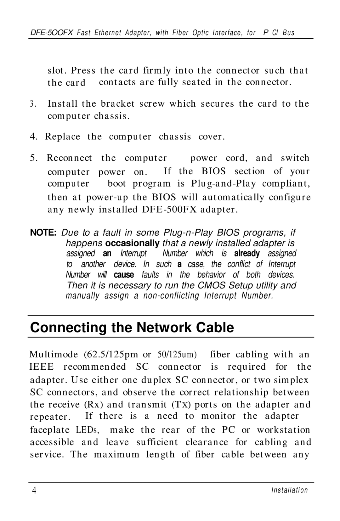 D-Link DFE-500FX manual Connecting the Network Cable 