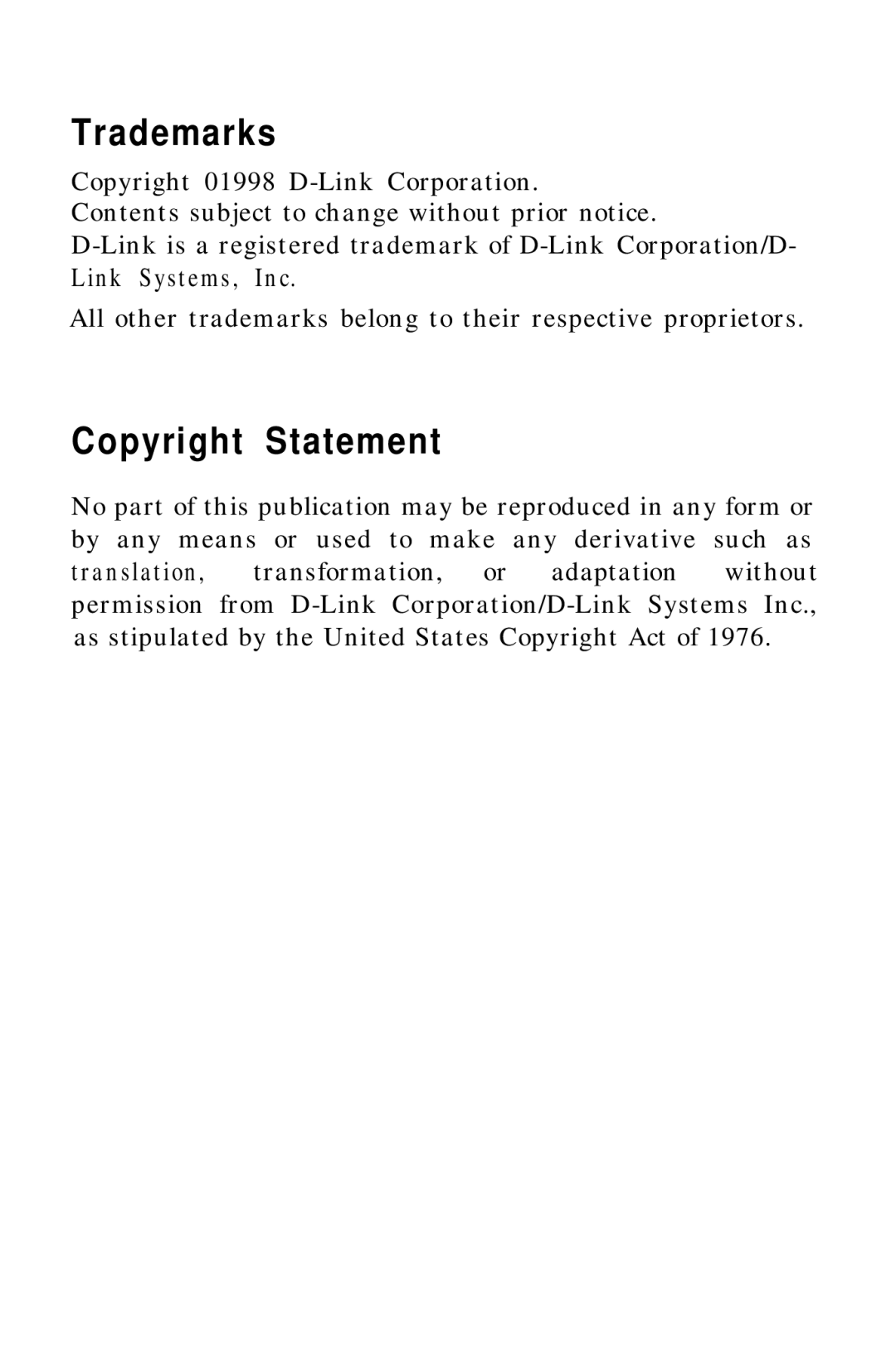 D-Link DFE-500FX manual Trademarks, Copyright Statement 