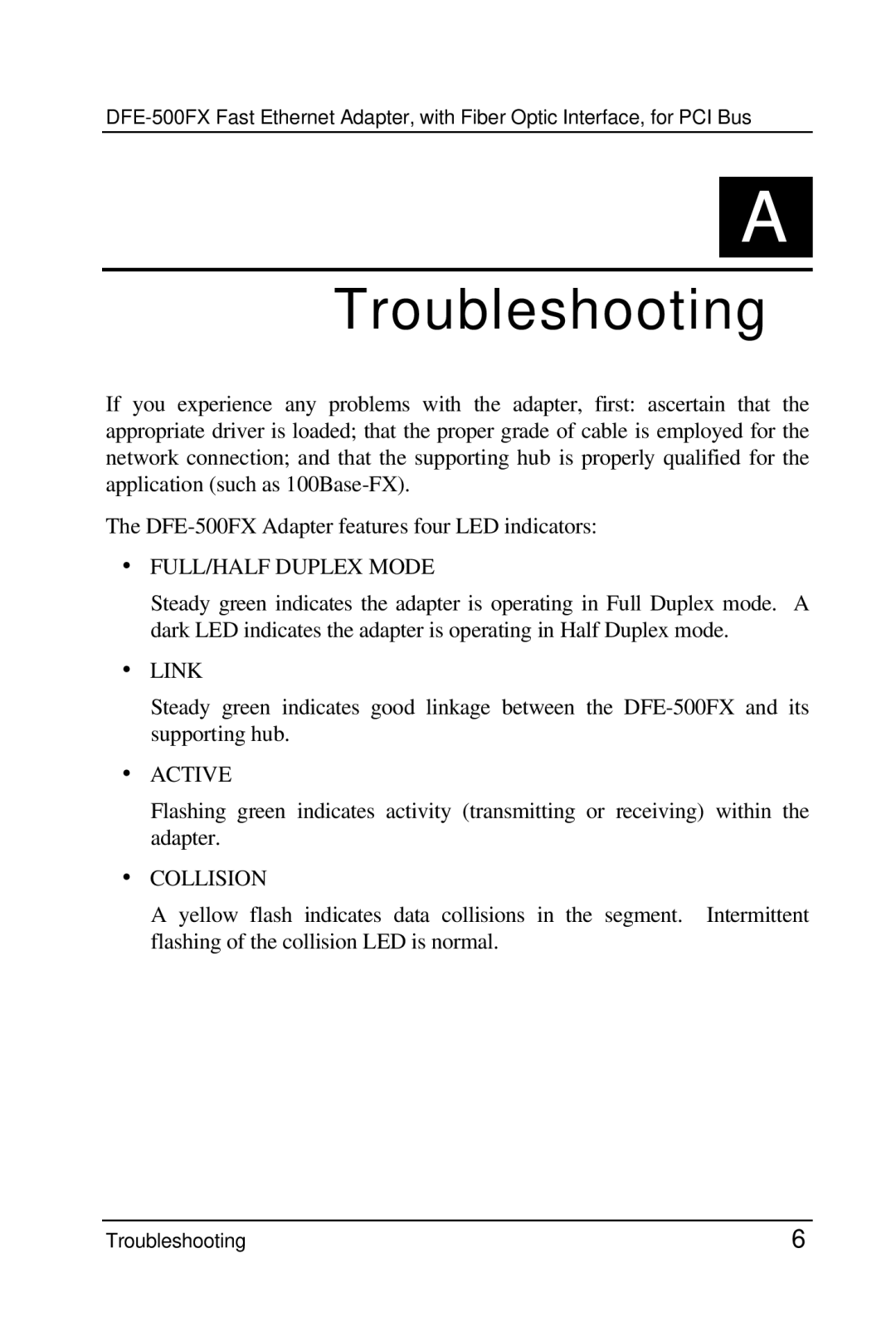 D-Link DFE-500FX manual Troubleshooting, ∙ FULL/HALF Duplex Mode 