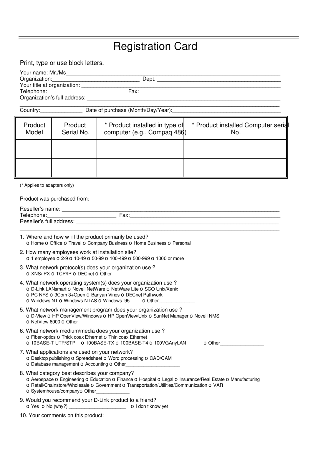 D-Link DFE-500FX manual Registration Card 