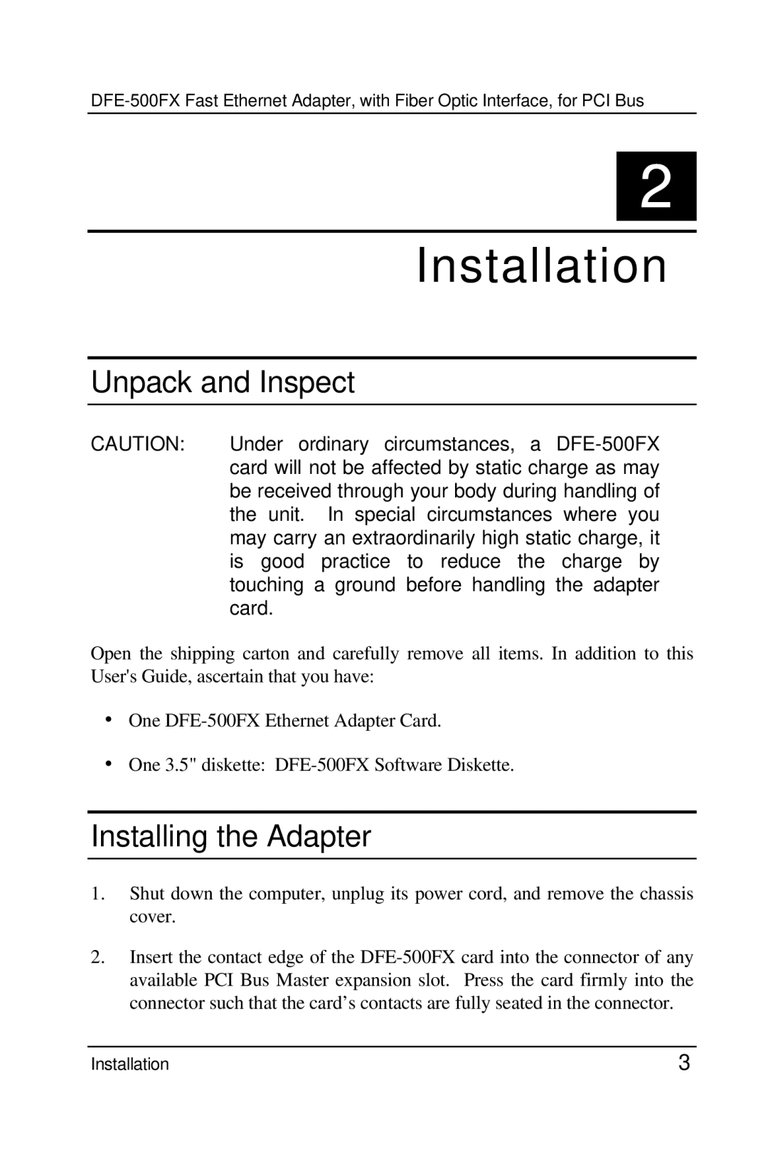 D-Link DFE-500FX manual Installation, Unpack and Inspect, Installing the Adapter 