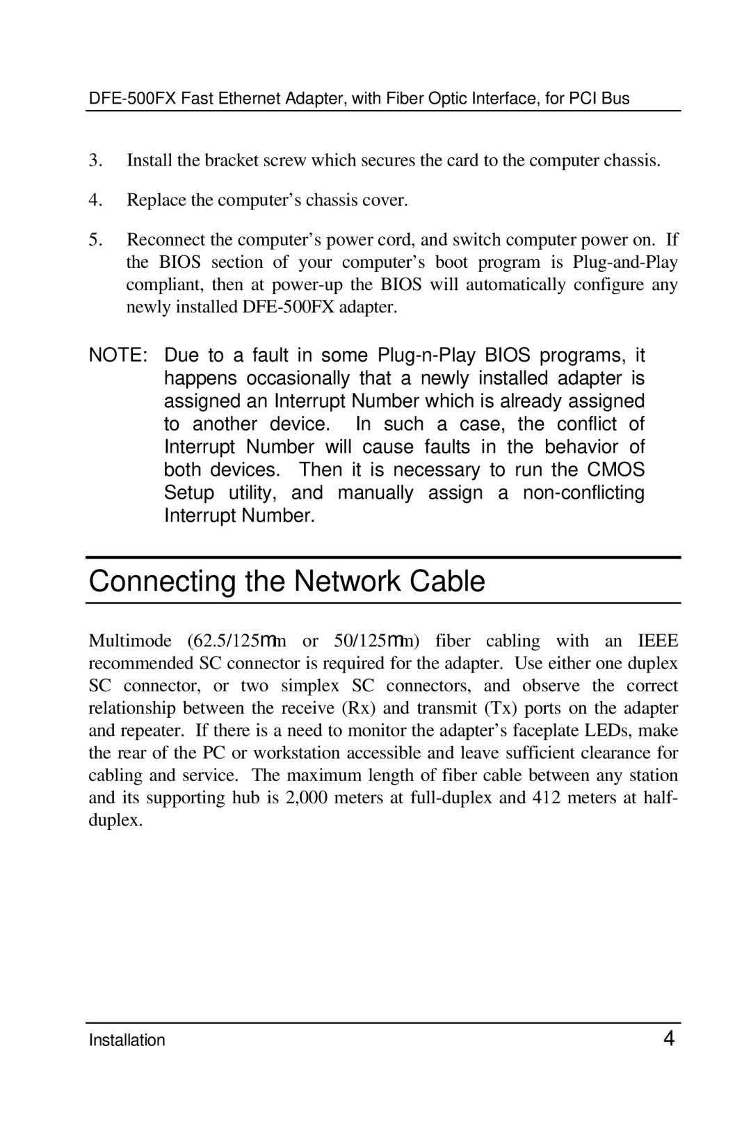 D-Link DFE-500FX manual Connecting the Network Cable 