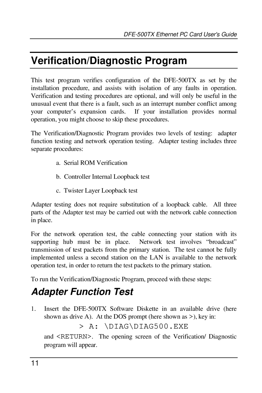 D-Link DFE-500TX manual Verification/Diagnostic Program, Adapter Function Test 