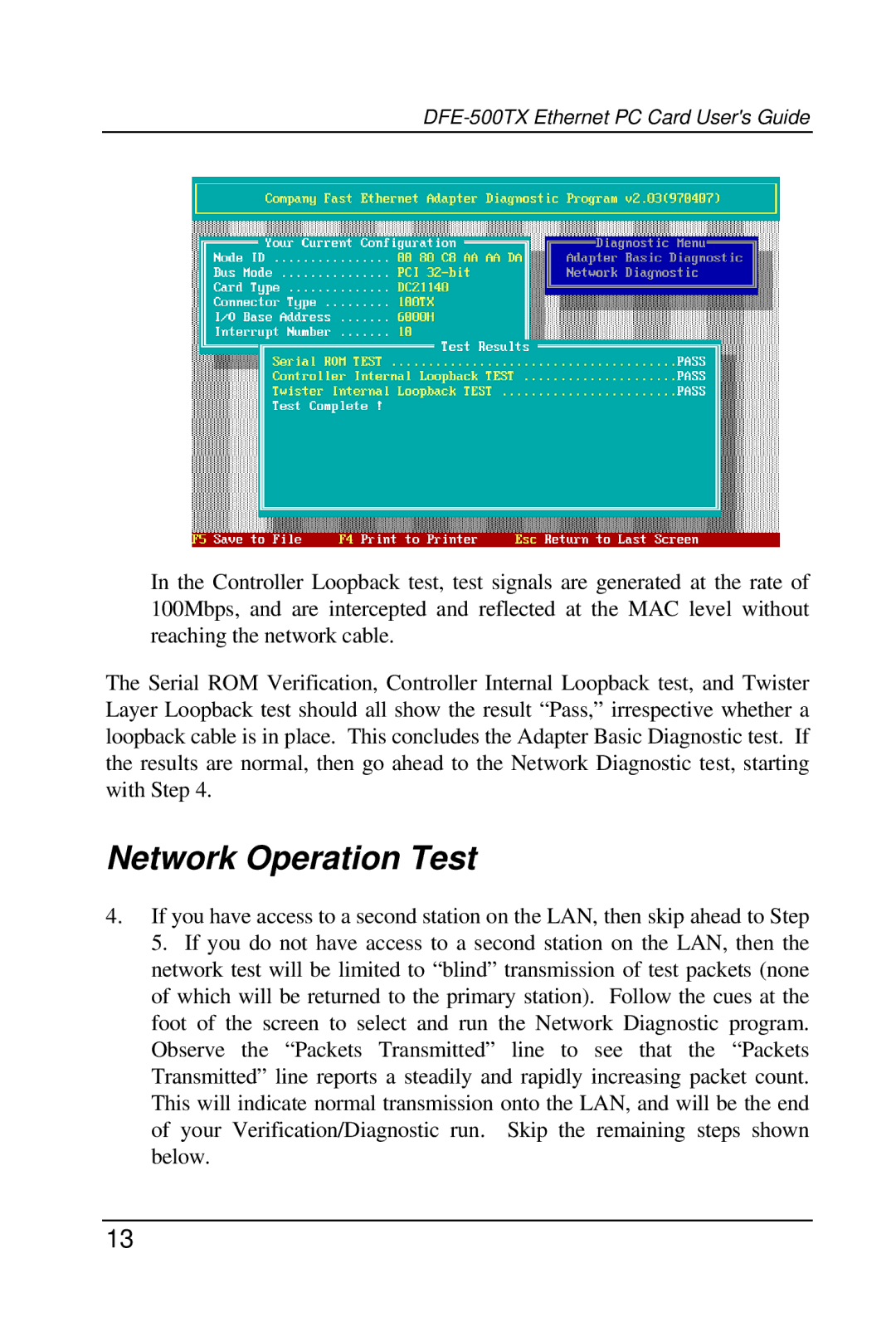 D-Link DFE-500TX manual Network Operation Test 