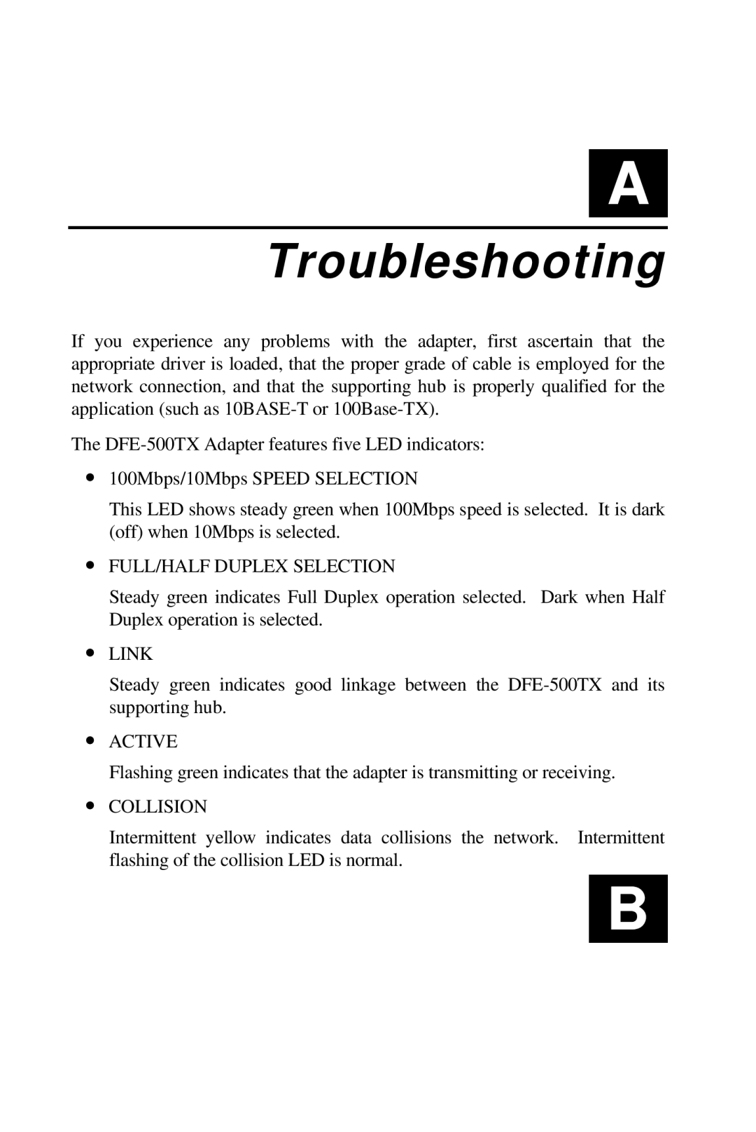 D-Link DFE-500TX manual Troubleshooting 