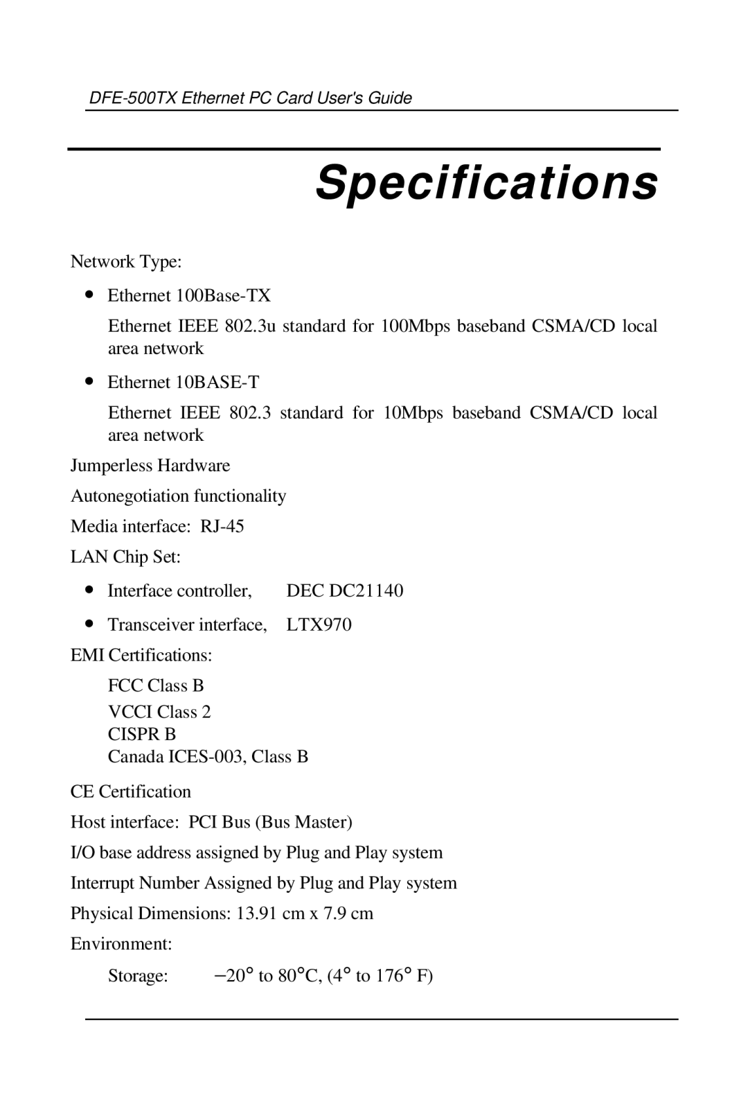 D-Link DFE-500TX manual Specifications 