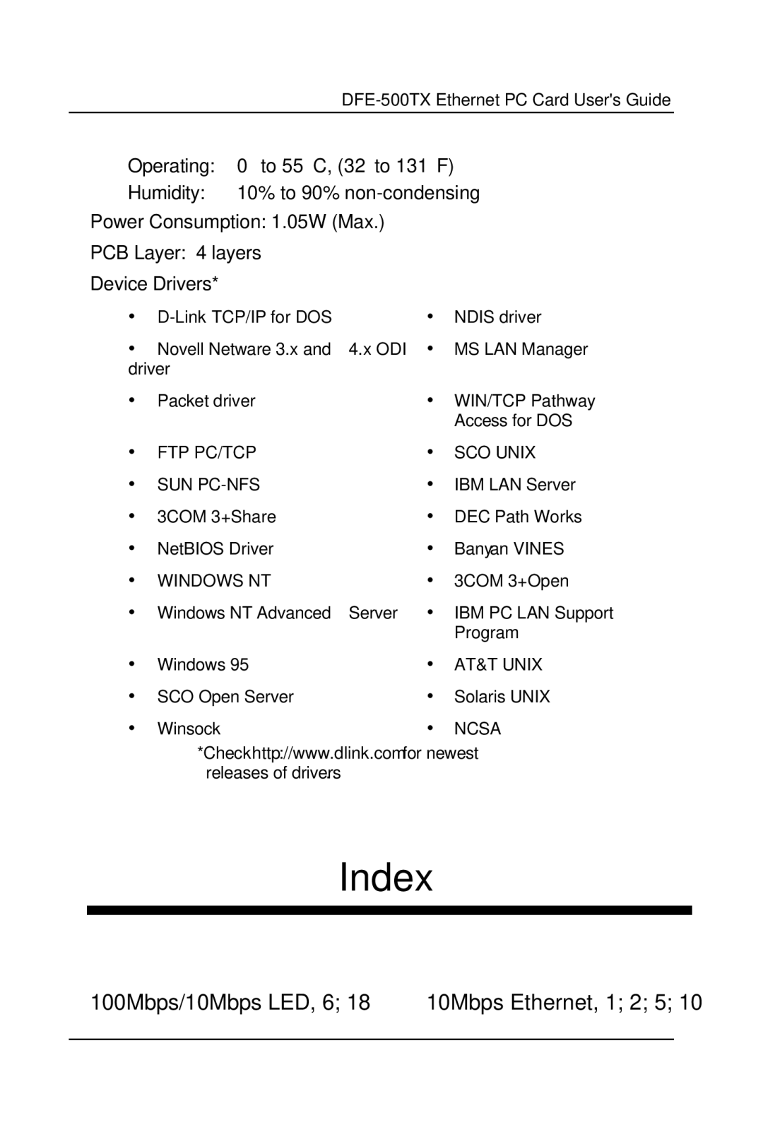 D-Link DFE-500TX manual Index 