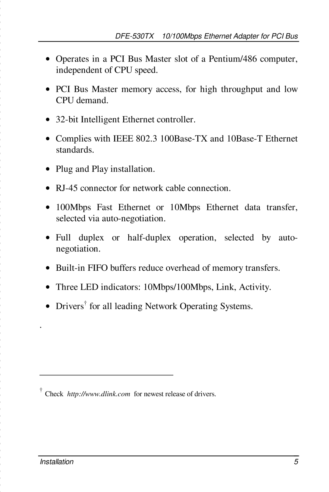 D-Link manual DFE-530TX 10/100Mbps Ethernet Adapter for PCI Bus 