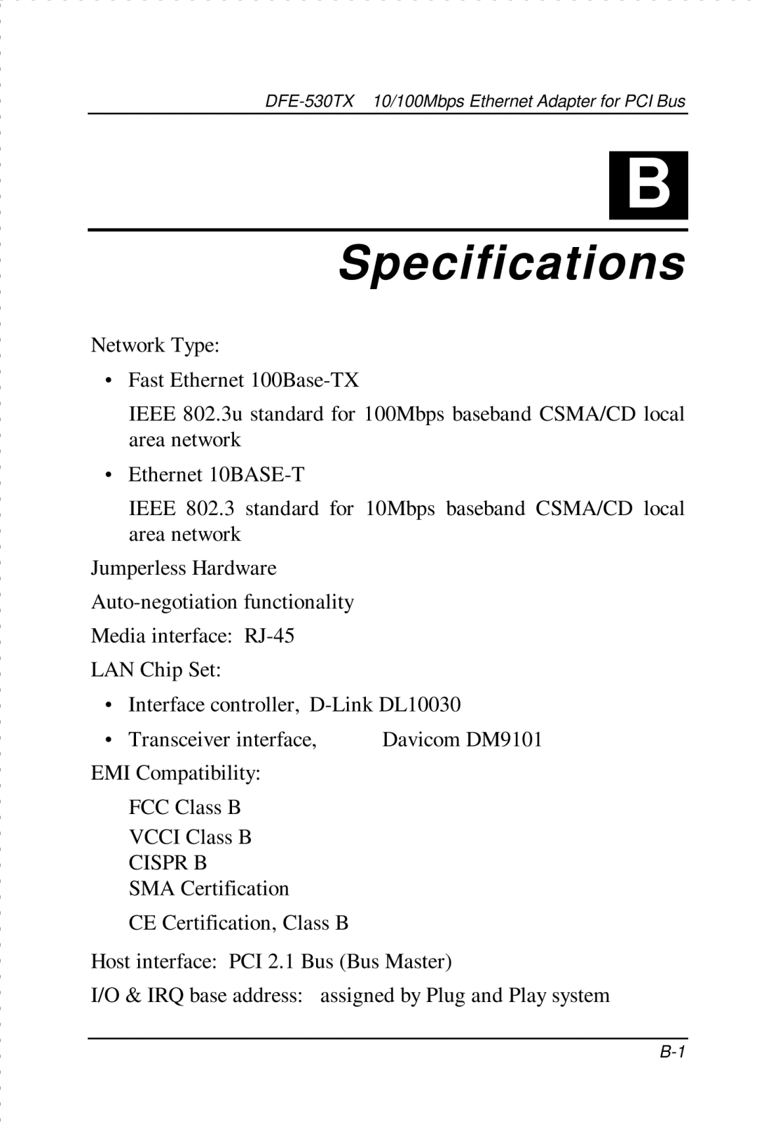 D-Link DFE-530TX manual Specifications 