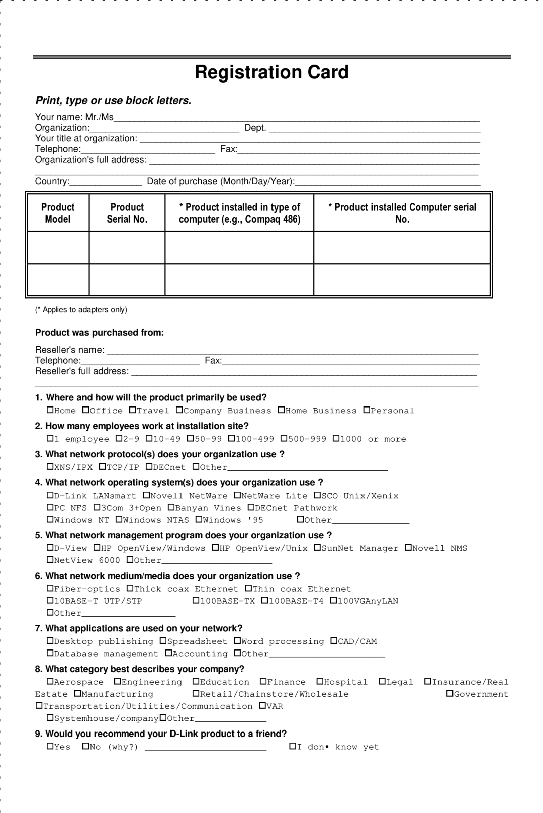 D-Link DFE-530TX manual Registration Card 