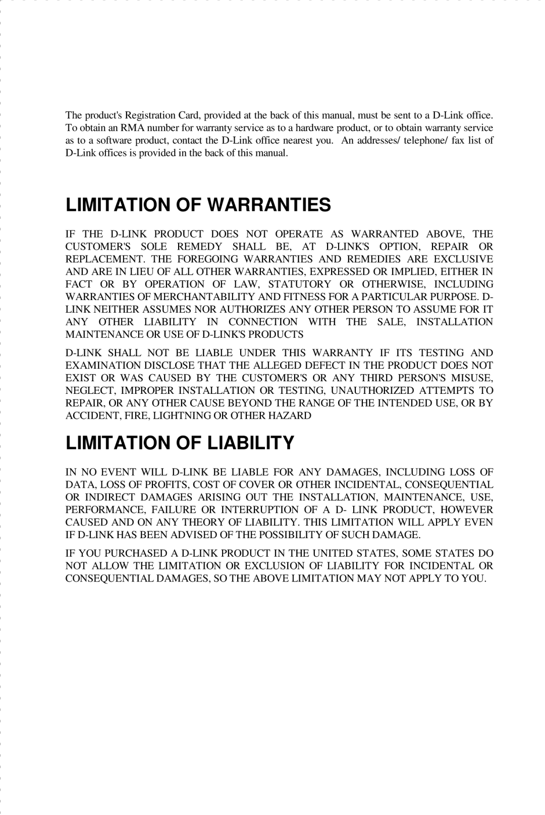 D-Link DFE-530TX manual Limitation of Warranties 