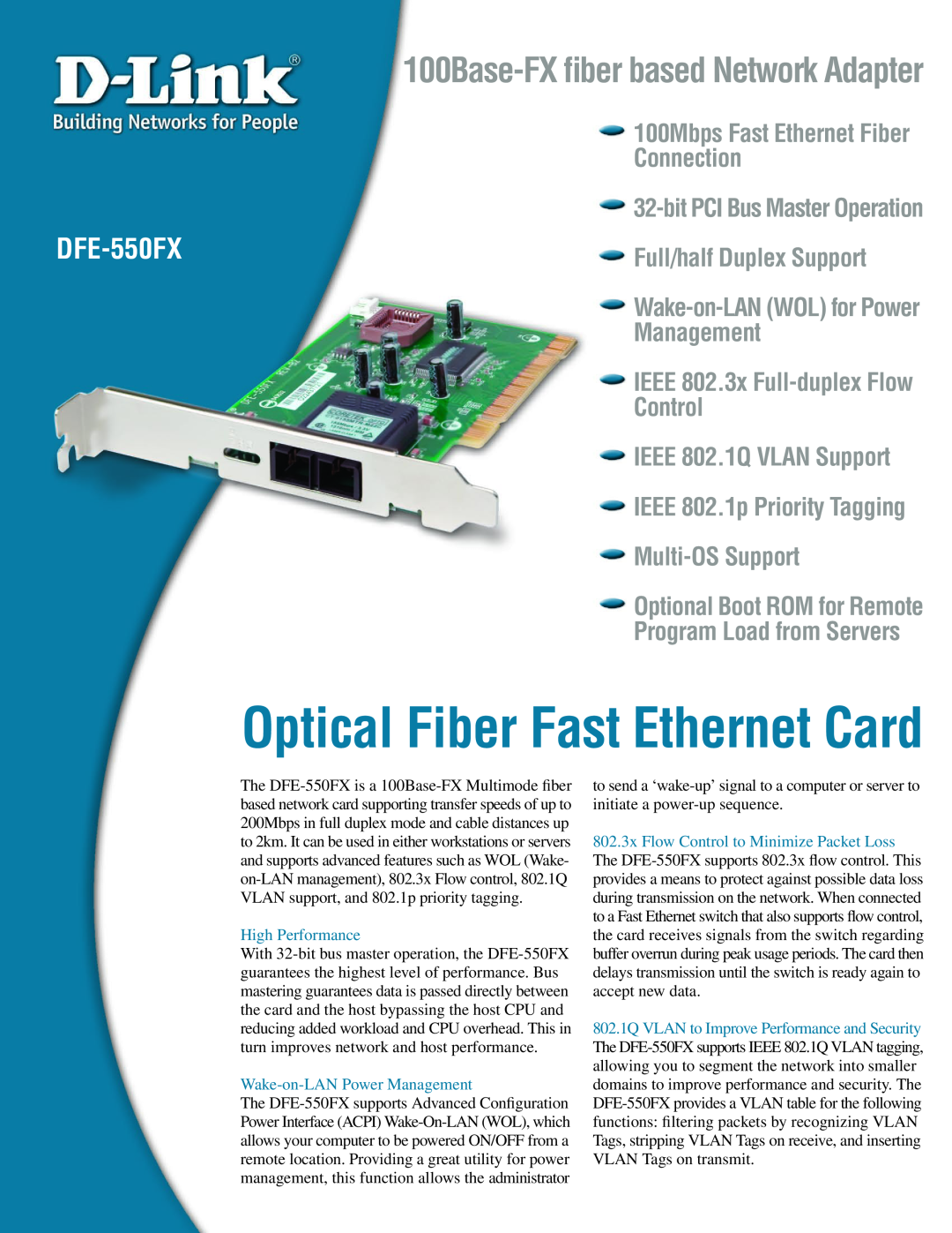 D-Link DFE-550FX manual Optical Fiber Fast Ethernet Card, 100Base-FX ﬁber based Network Adapter, Management 
